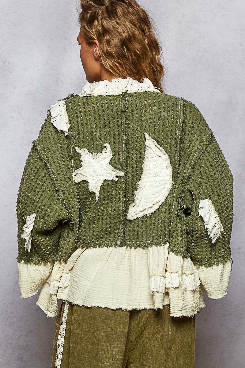 POL Star and Moon Olive Waffle Knit with Gauze Ruffle
