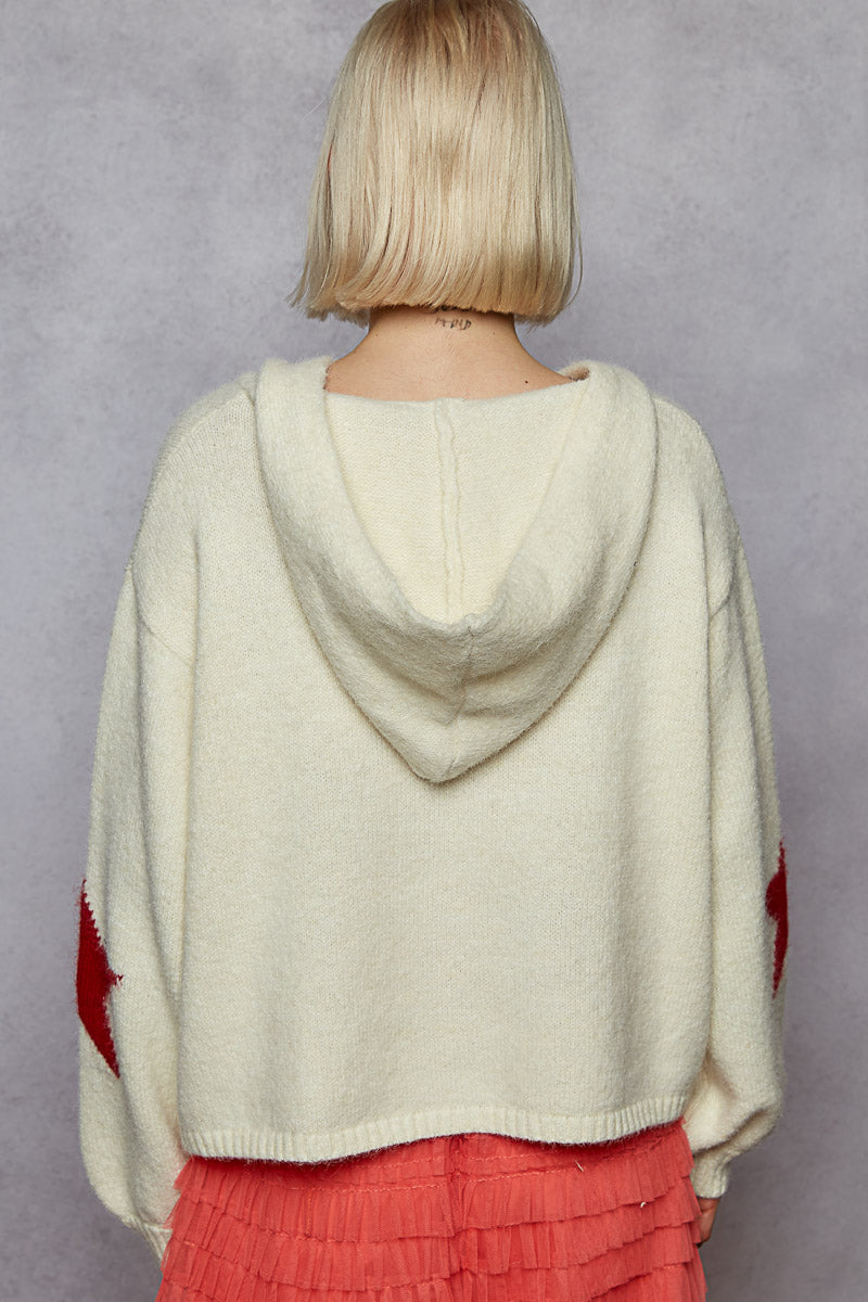 Studded Star Balloon Sleeve Hoodie Powder Cream