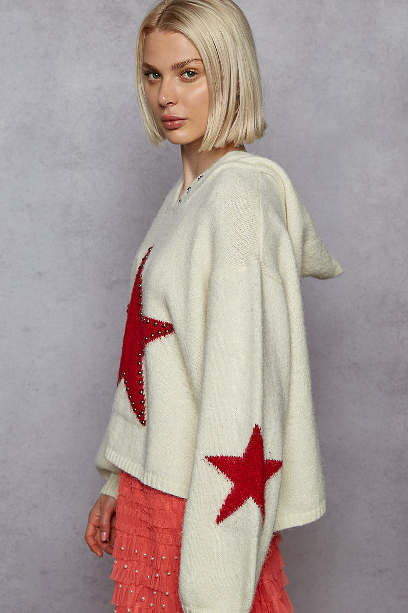 Studded Star Balloon Sleeve Hoodie Powder Cream