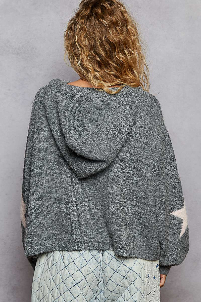 Studded Star Balloon Sleeve Hoodie Heather Grey