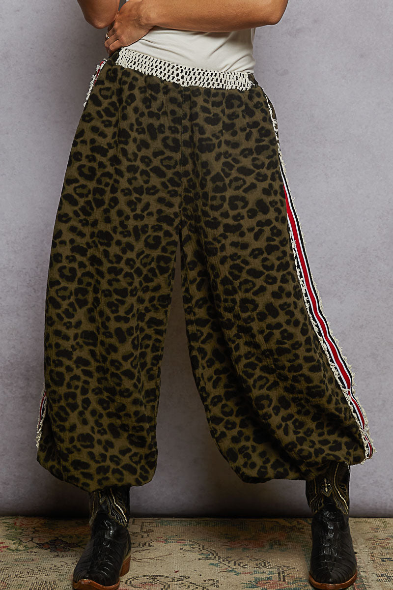 Olive Leopard Jogger Pants with Red Stripe