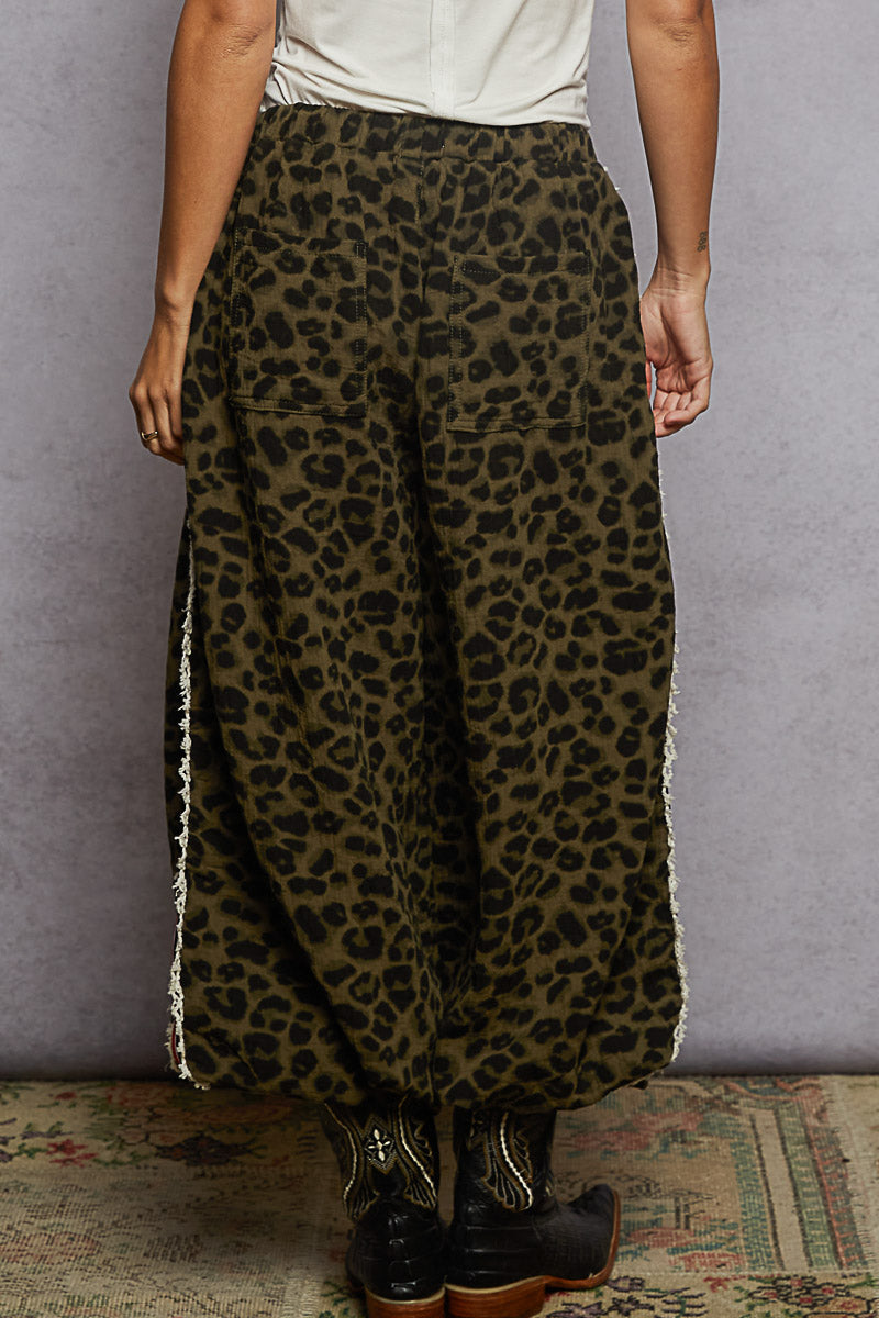 Olive Leopard Jogger Pants with Red Stripe