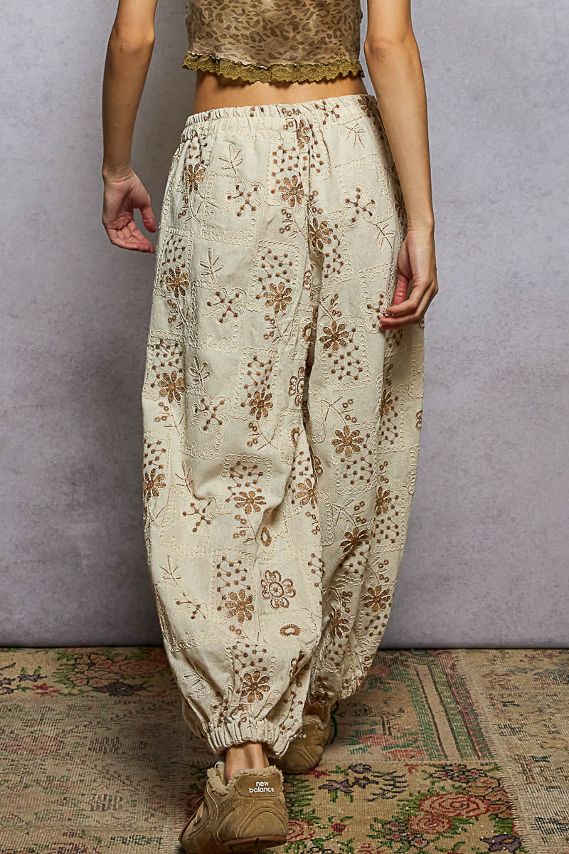POL Floral Eyelet Joggers Natural