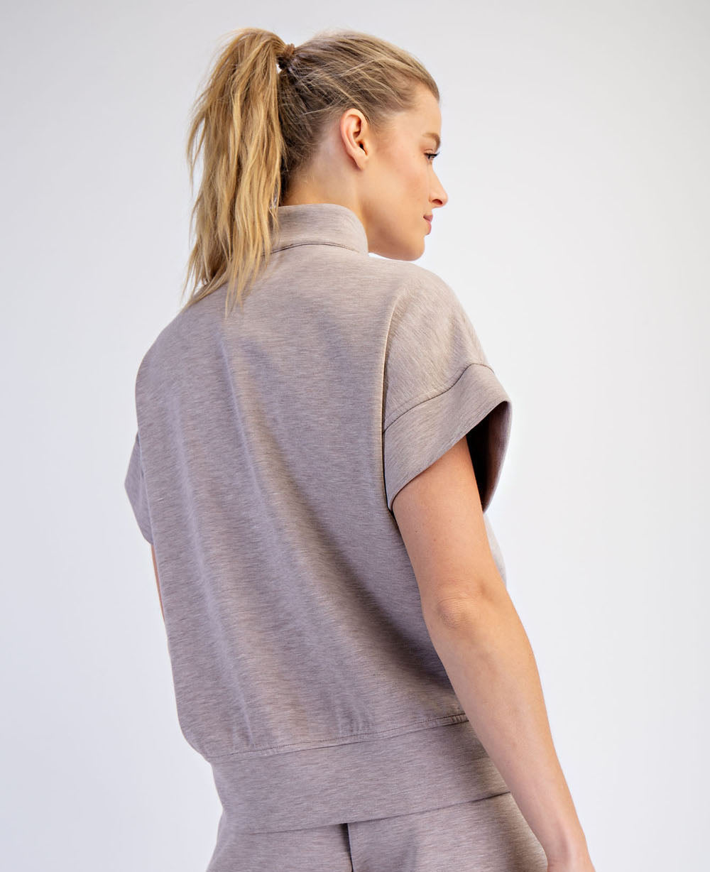 Modal Scuba Quarter Zip Short Sleeve Top Heather Taupe