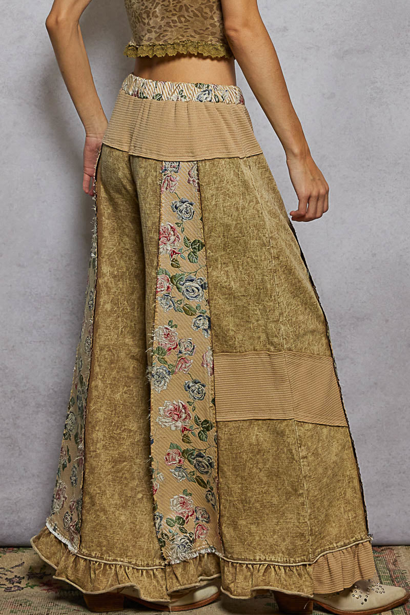 POL French Terry Floral Patchwork Pants with Ruffle Hem