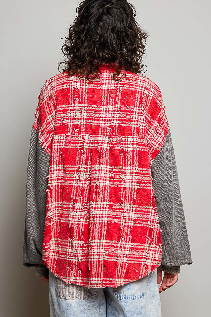 POL Red Plaid Paint Splatter Flannel Top