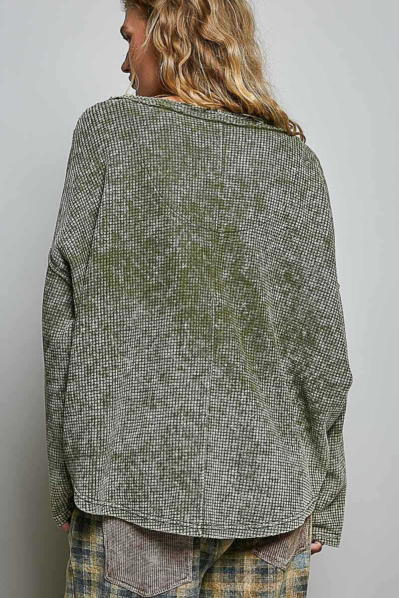 POL Olive Thermal Waffle Knit Long Sleeve Top