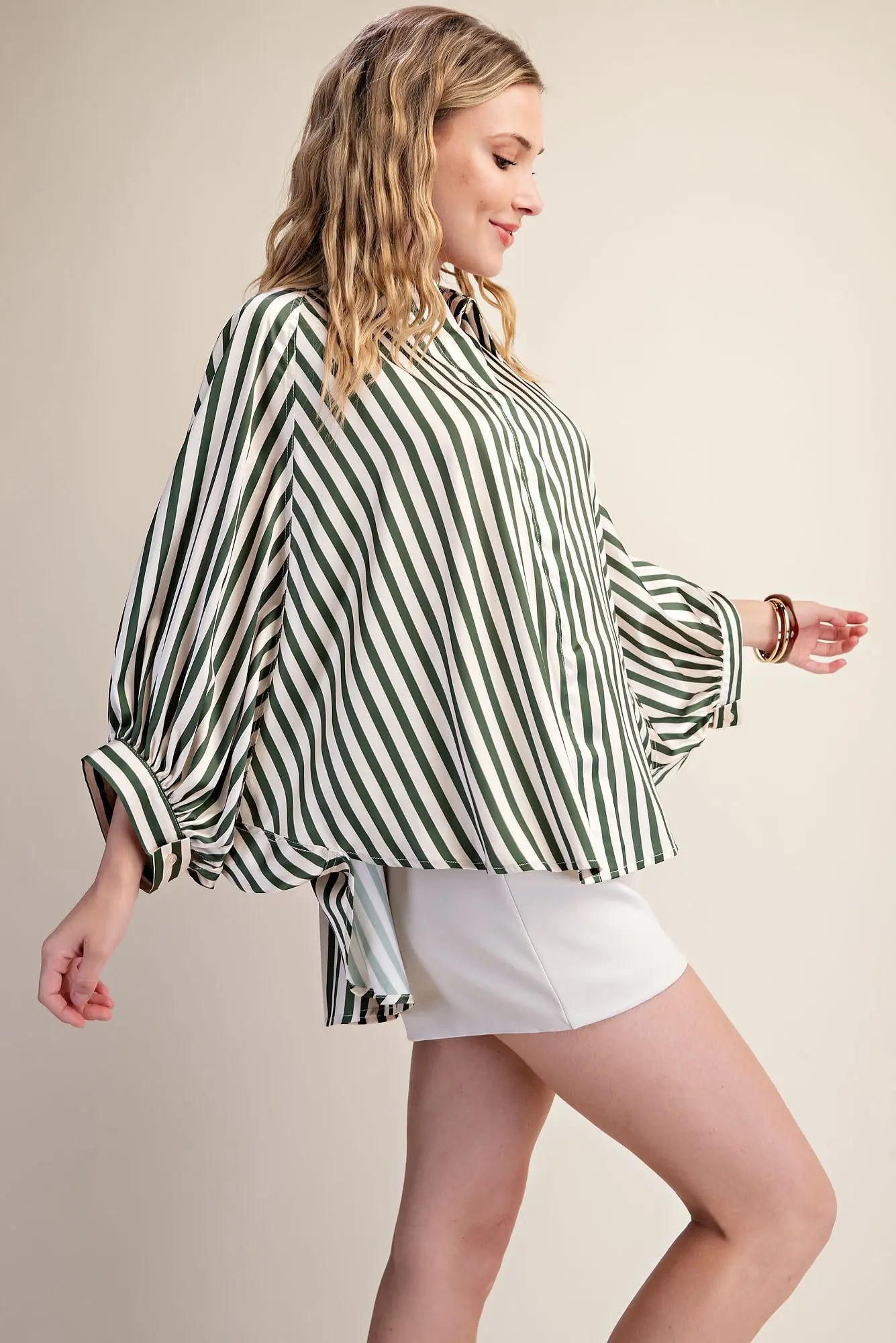 Olive Stripe Wide Puff Sleeve Button Down Shirt