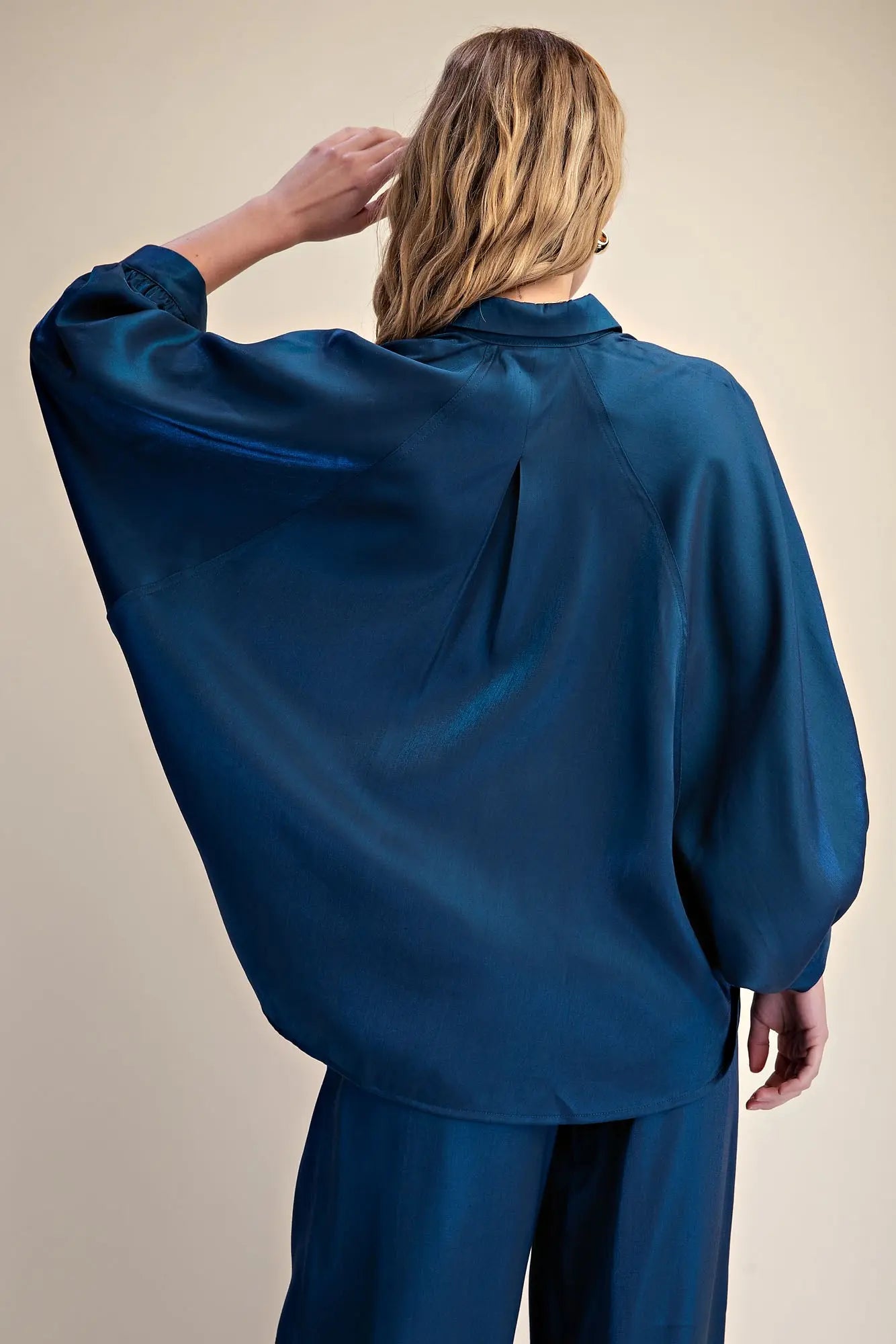 Navy Puff Wide Long Sleeve Button Down Top