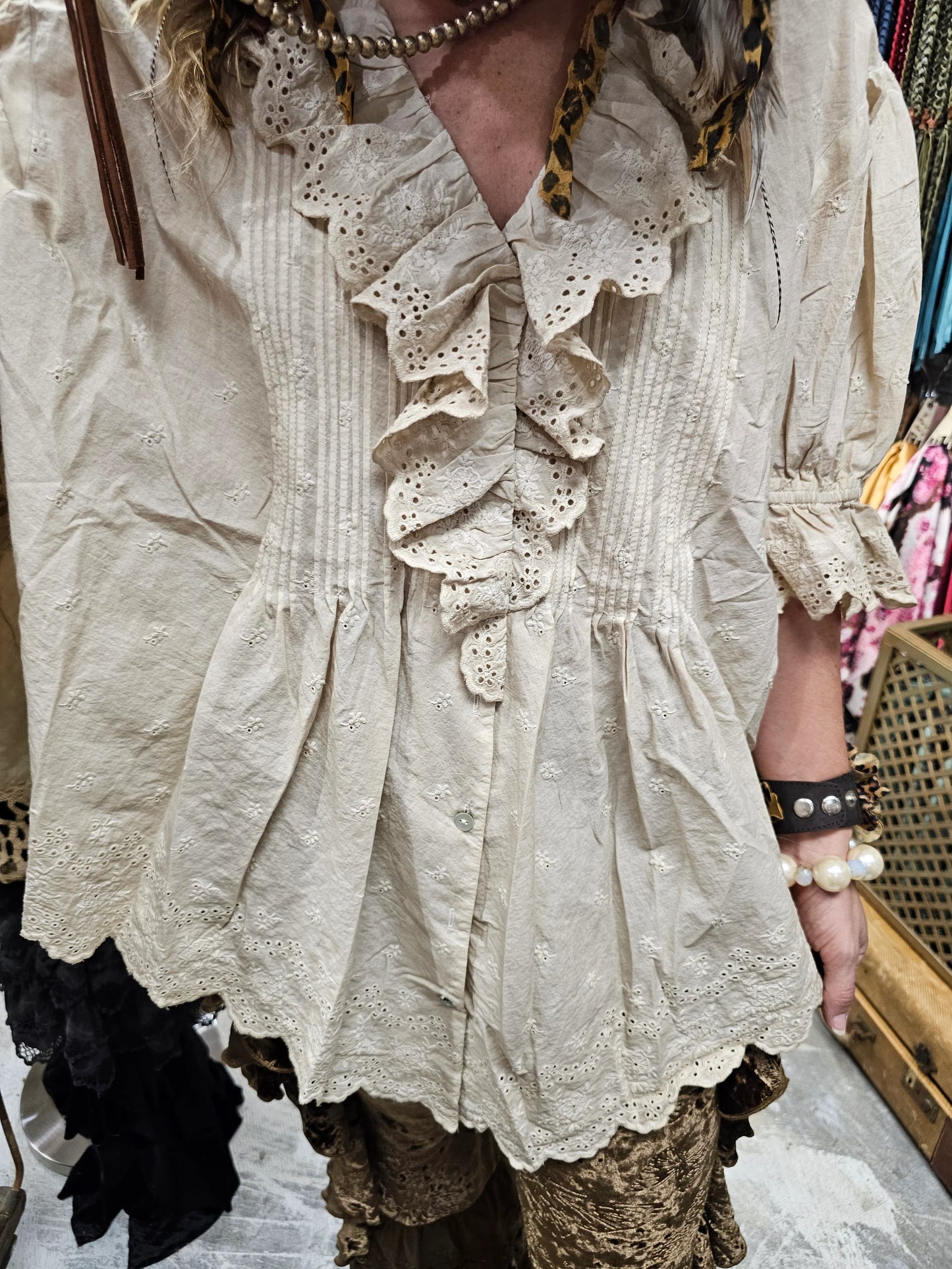 A Rare Bird Eyelet Linen Cream Top