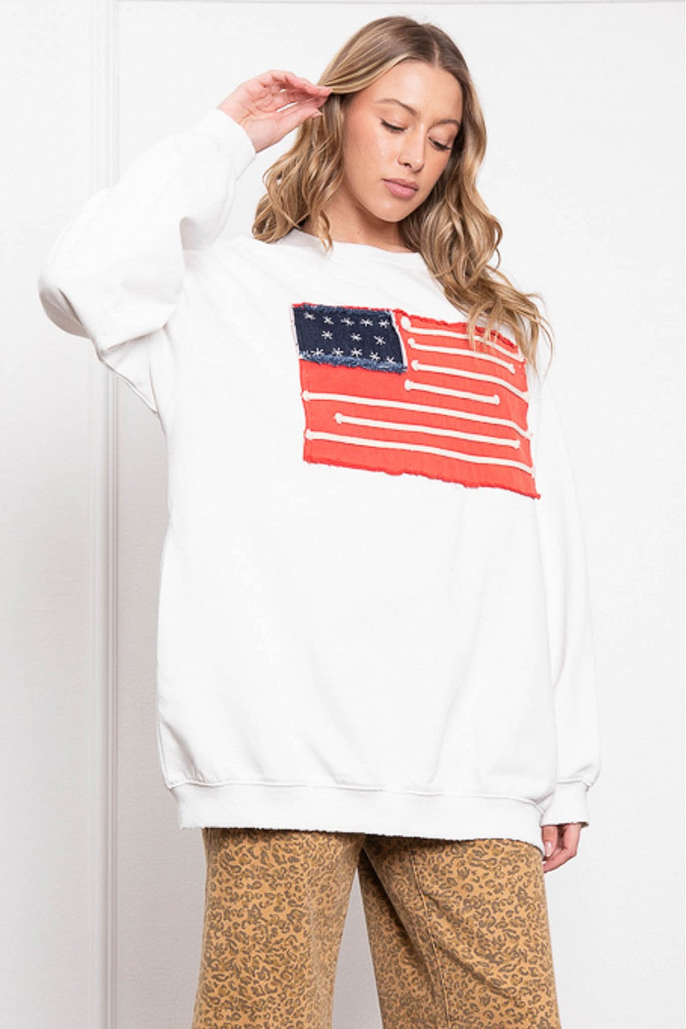 Blue Velvet USA Flag Patchwork Sweatshirt White