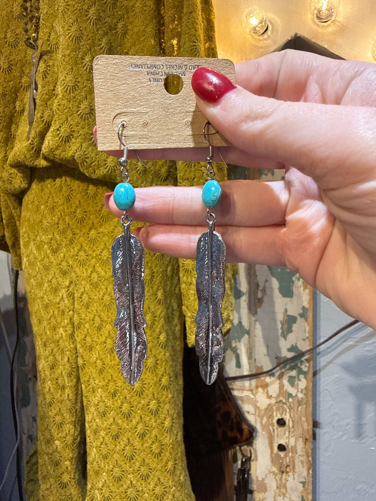 Inspired Silver & Turquoise Feather Earrings