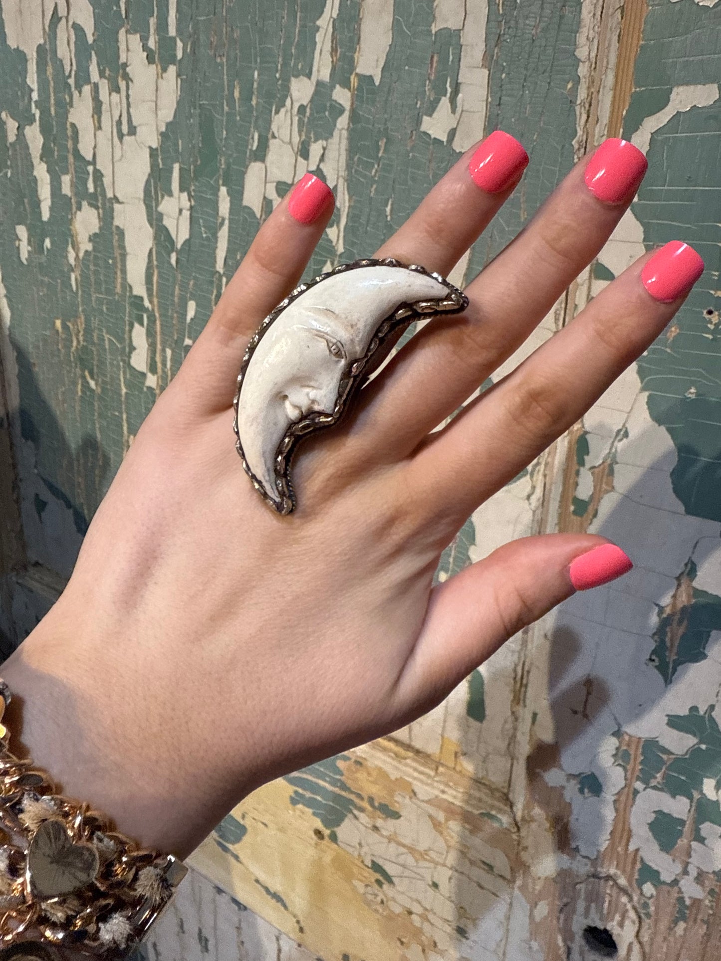 Tibetan Bone Crescent Moon Face Adjustable Ring
