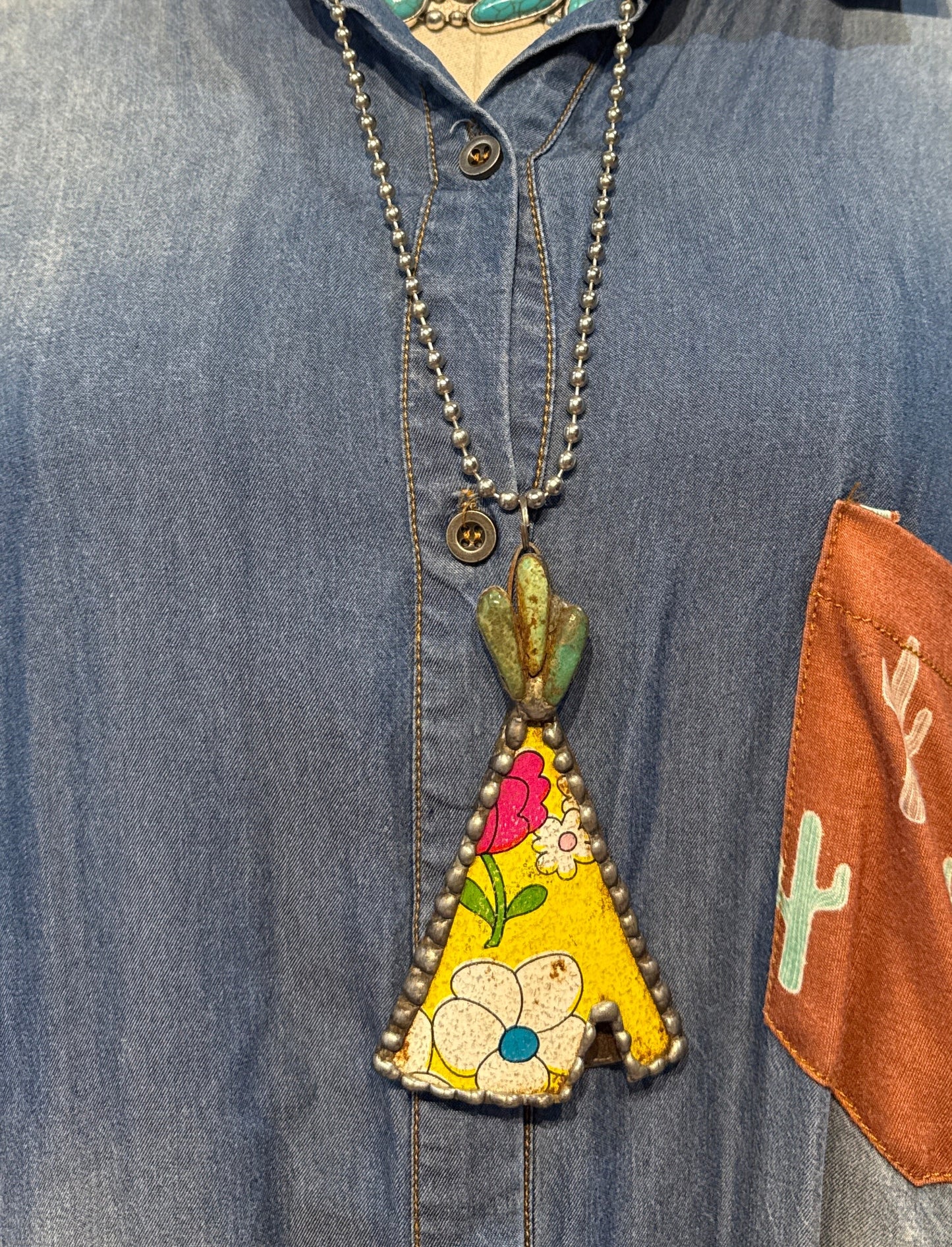 Vintage Tin Teepee Necklace with Turquoise Stones