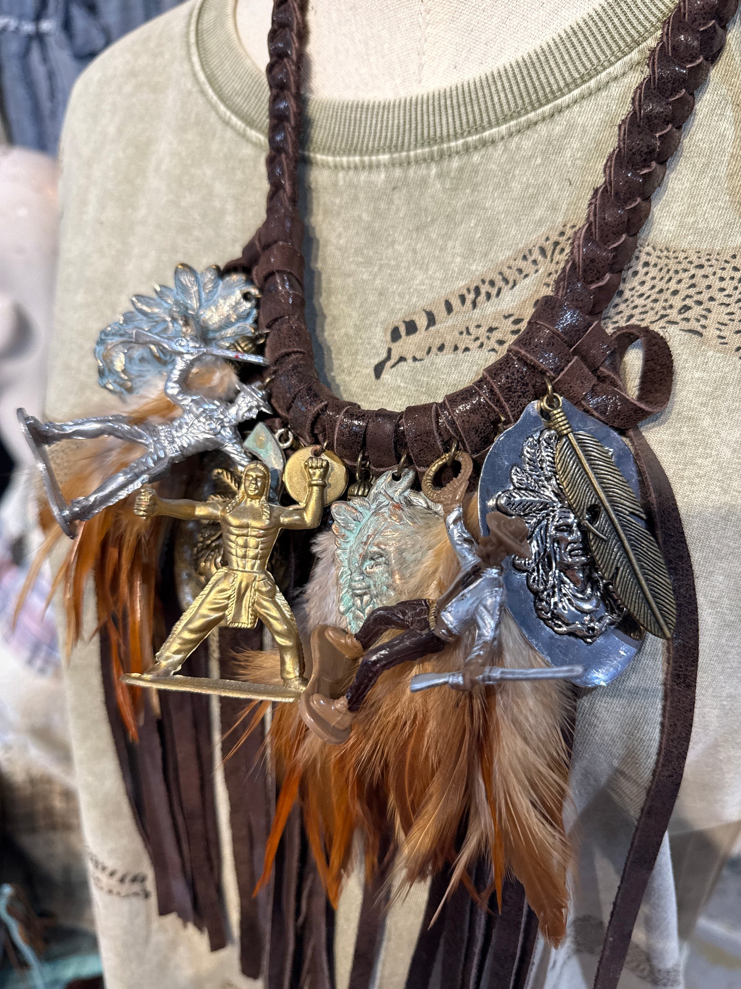Chief and Cowboy Pendants on Leather with Bird Feathers Necklace