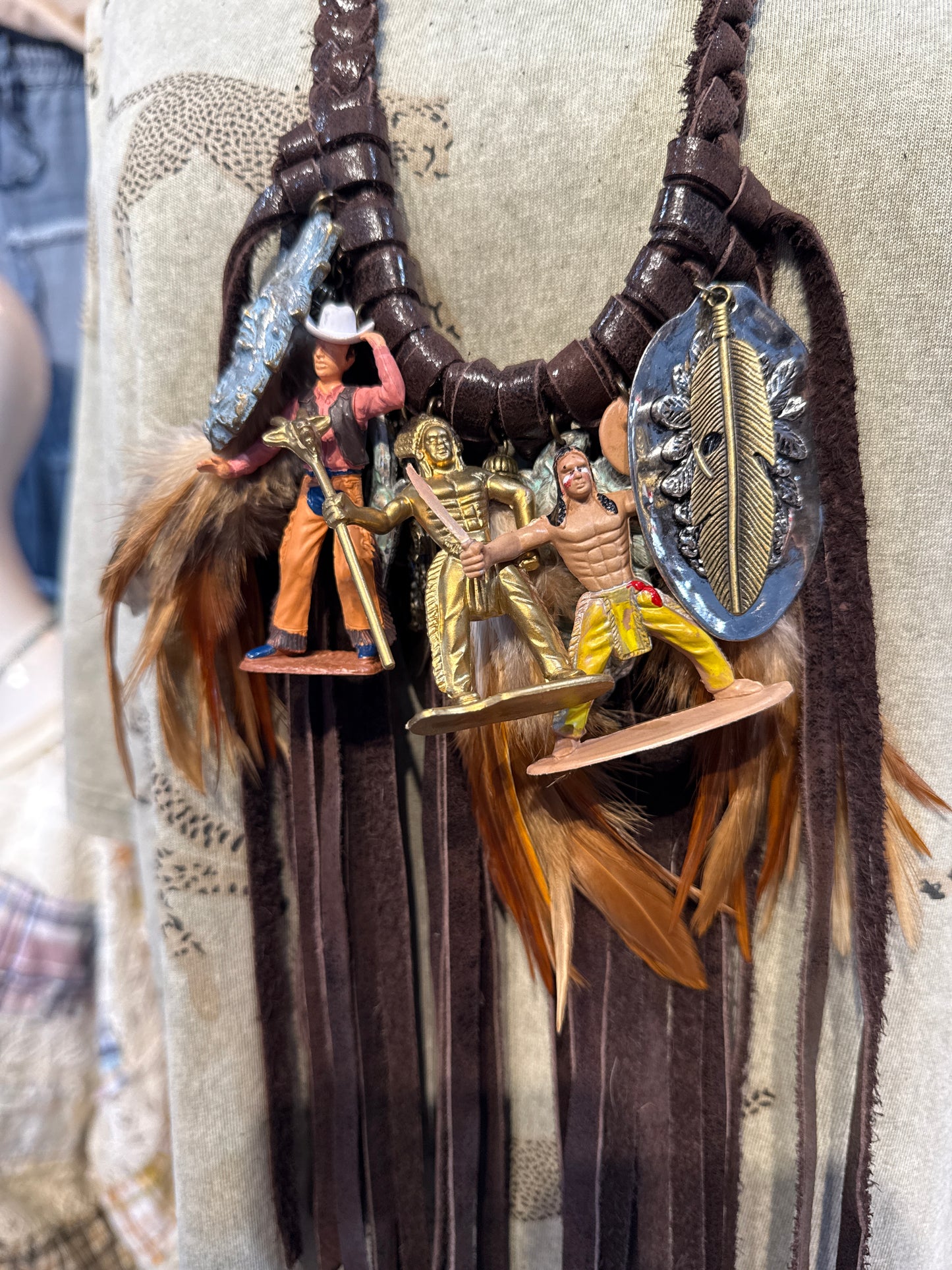 Chief and Cowboy Pendants on Leather with Bird Feathers Necklace