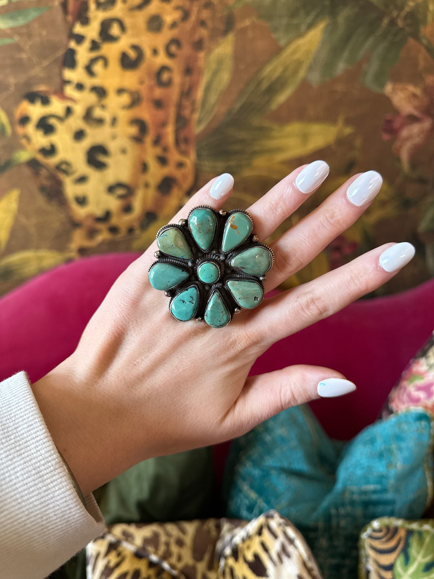 Tibetan Silver Turquoise Flower Adjustable Ring