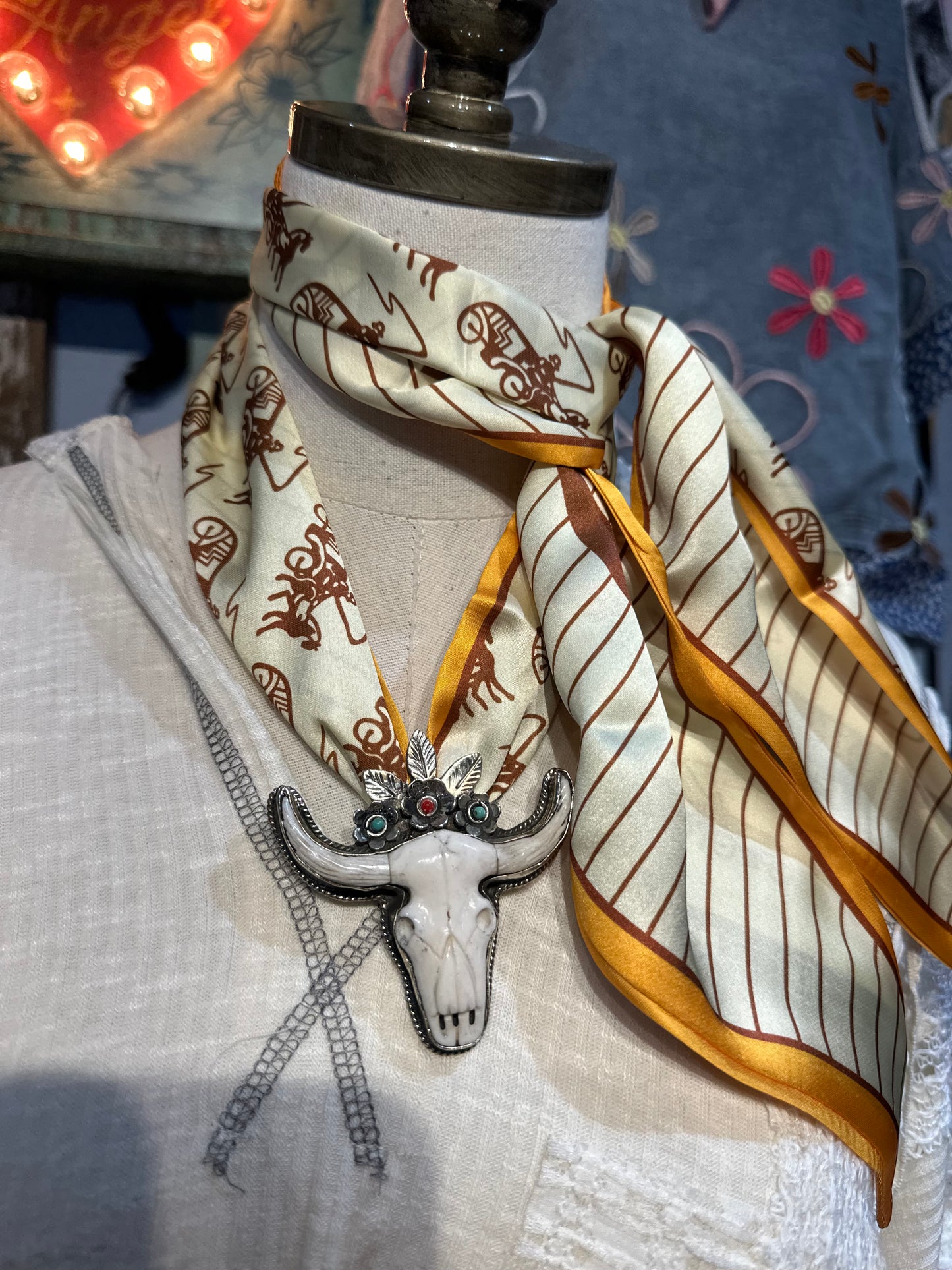 Tibetan Bone w Flower Crown Steer Pendant