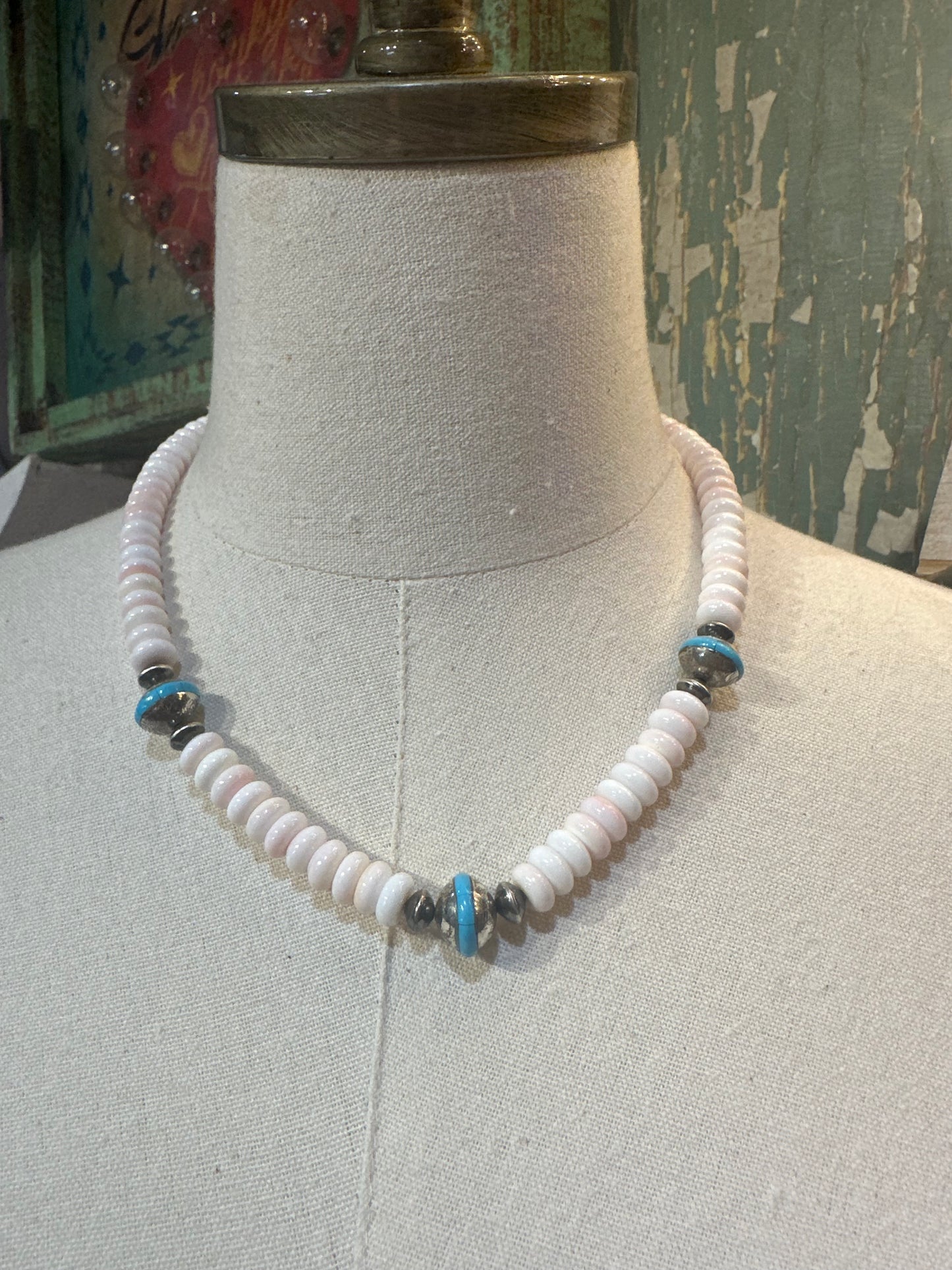 Pink Conch, Turquoise, and Sterling Silver Necklace