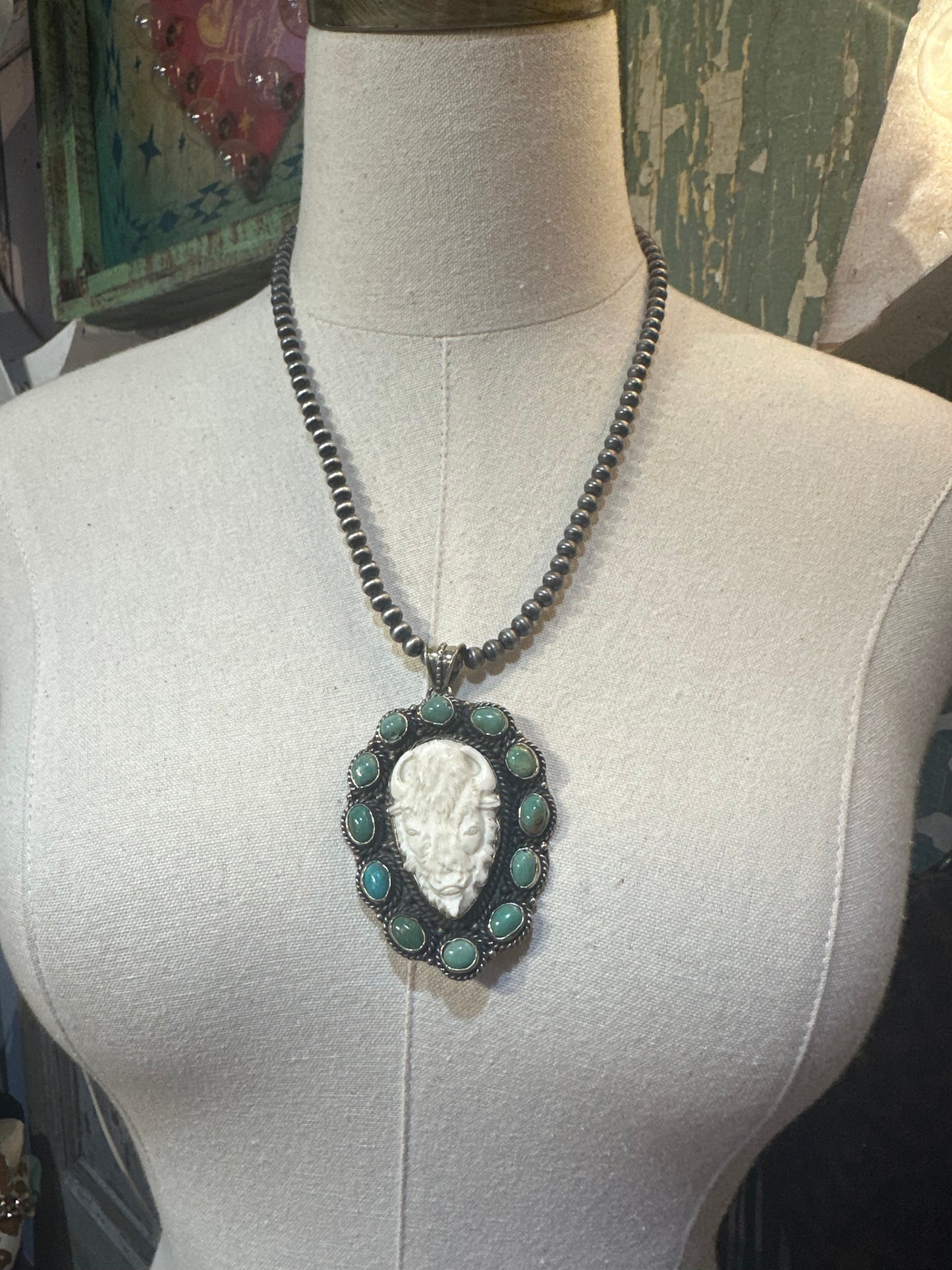 Tibetan Bone & Turquoise Buffalo Pendant