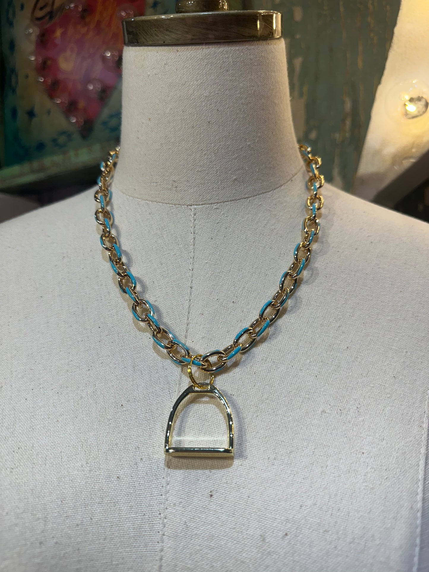 Inspired Turquoise & Gold Stirrup Necklace