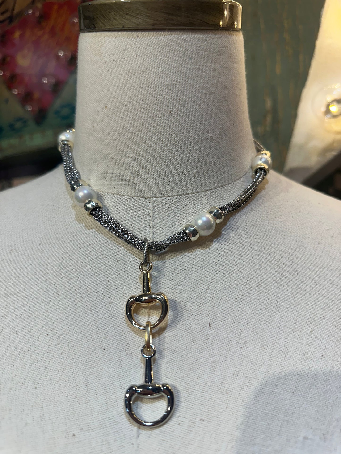 Silver & Pearl Double Horse Bit Necklace