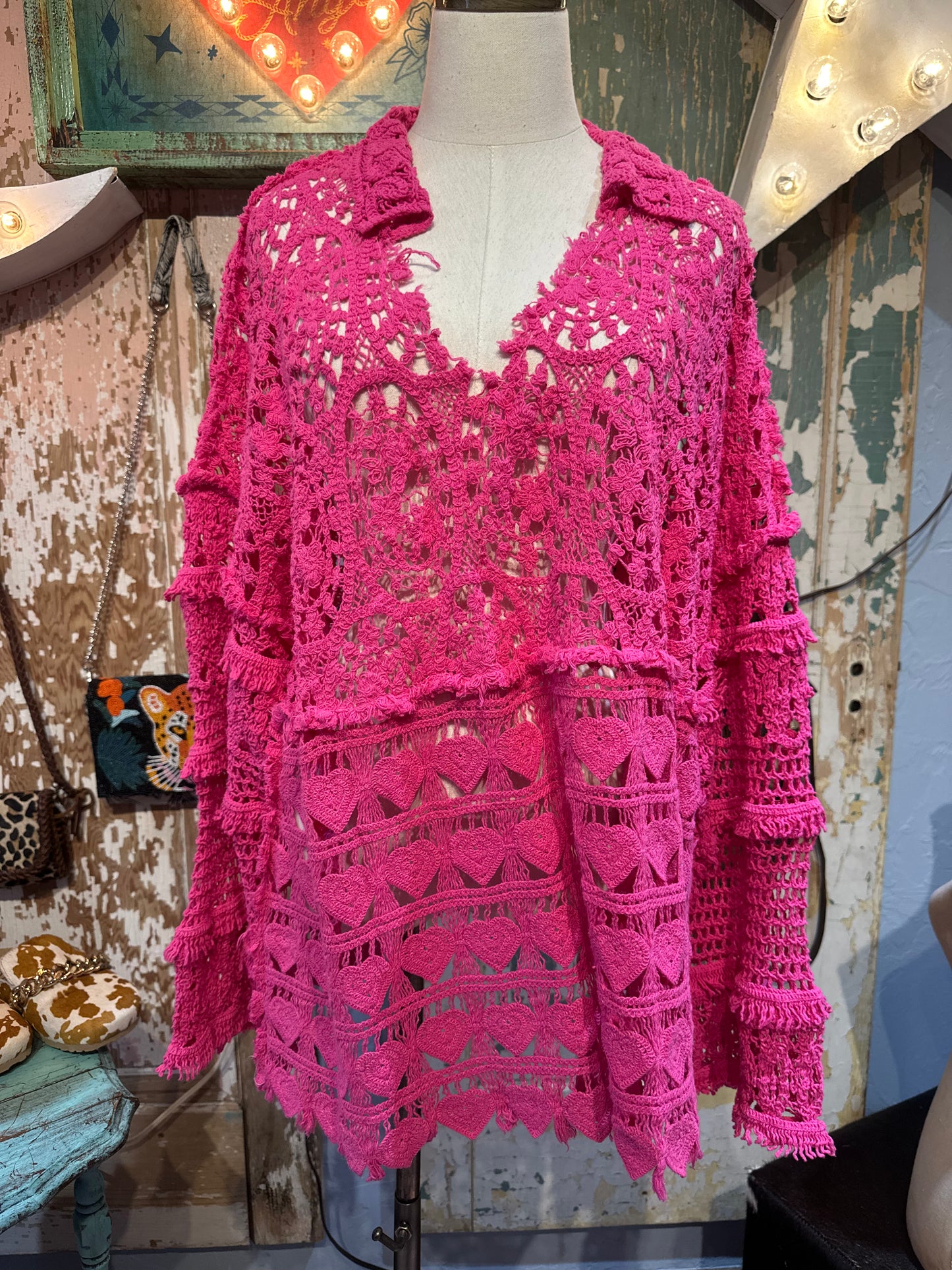 Rare Bird Extra Long Pink Crochet Top