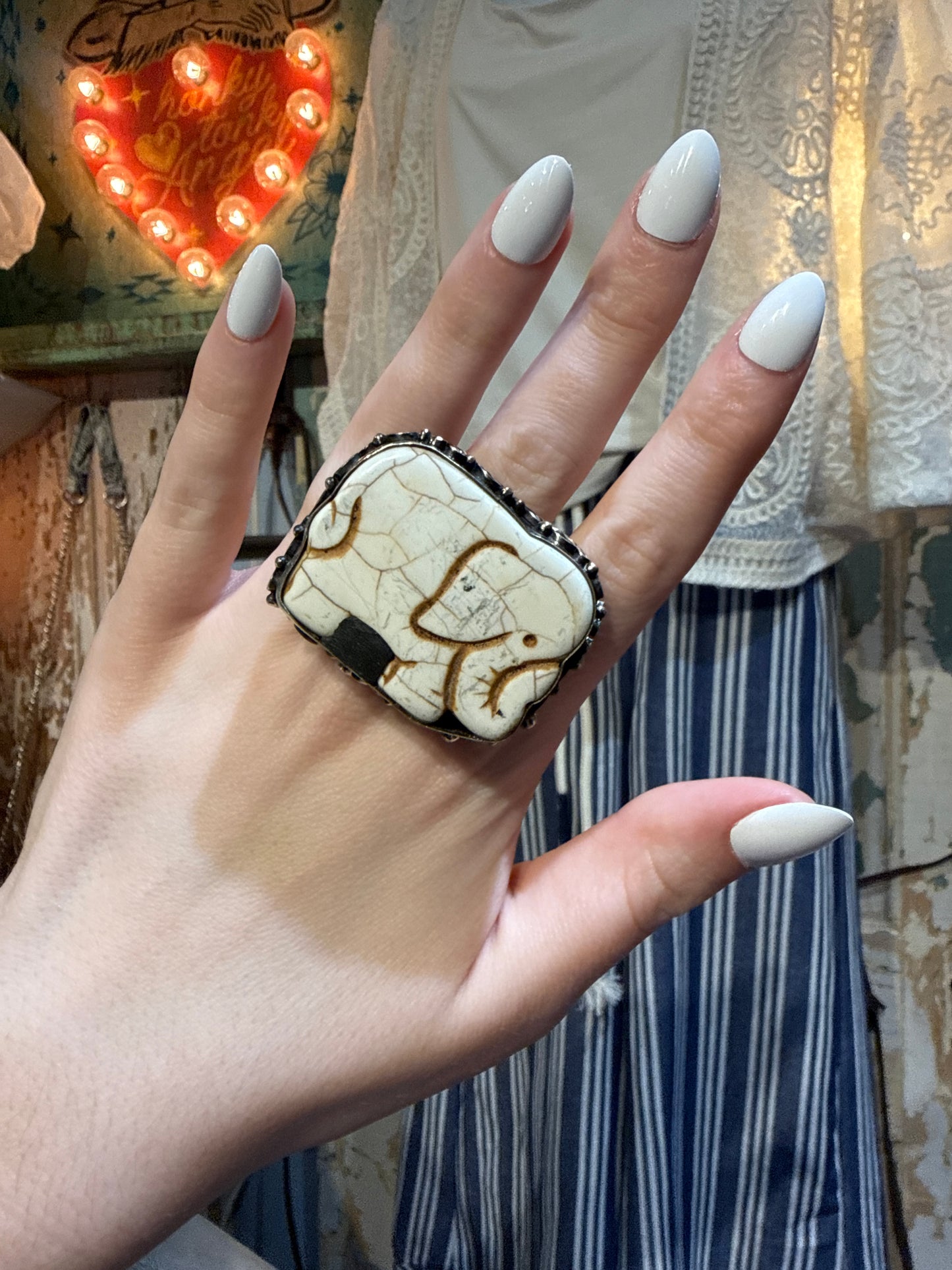 German Silver Bone Elephant Size 8 Ring
