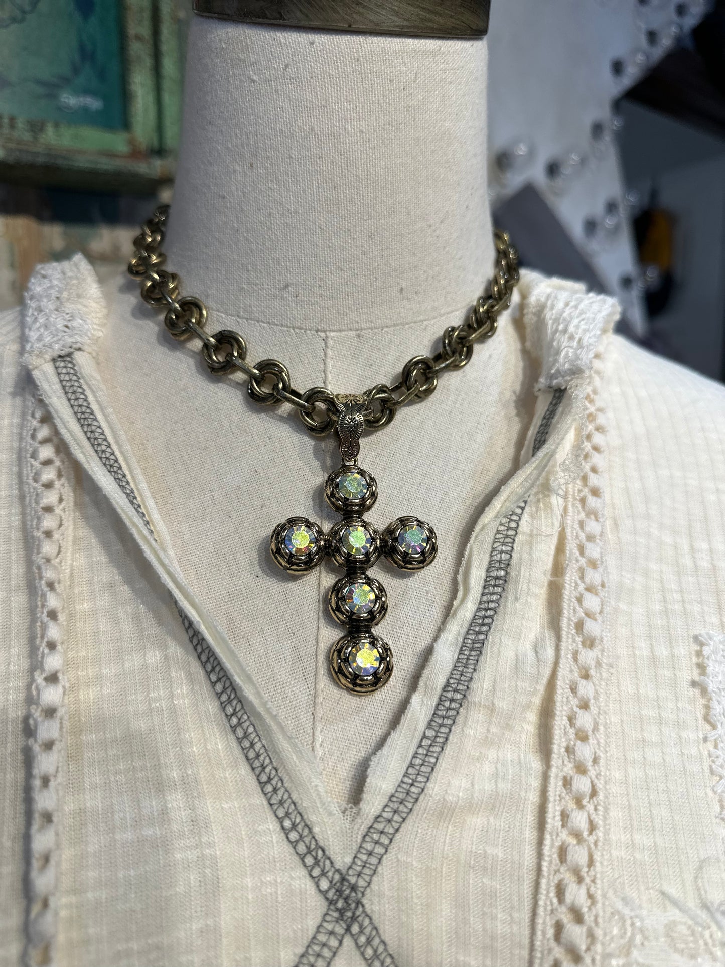 Inspired Gold & AB Crystal Cross Necklace