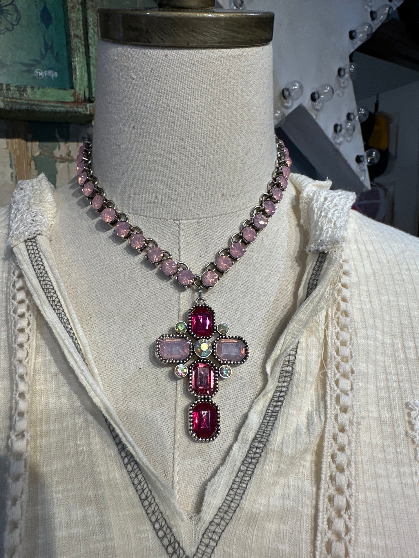 Pink Crystal Cross Necklace