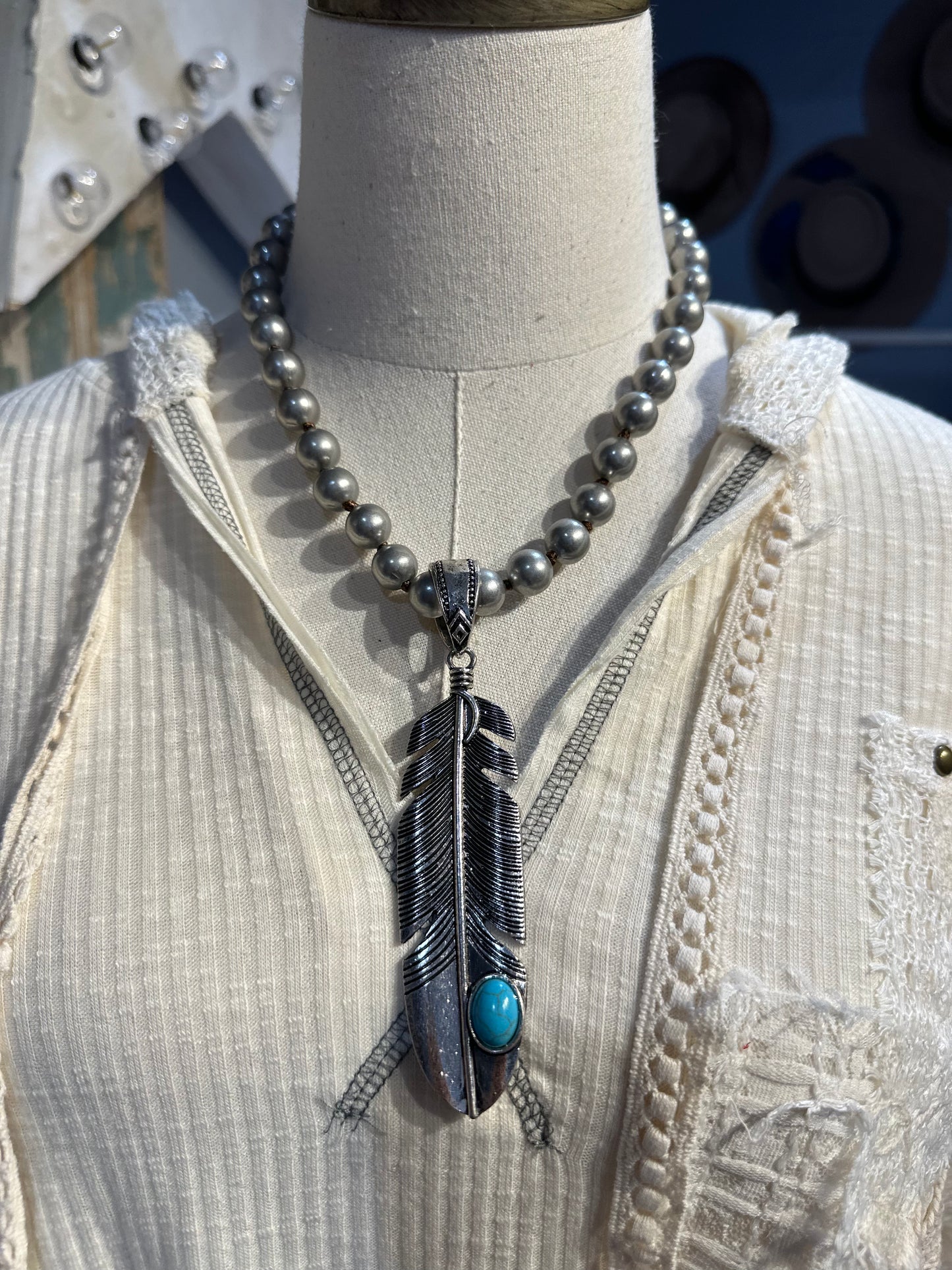 Inspired Silver & Turquoise Feather Necklace
