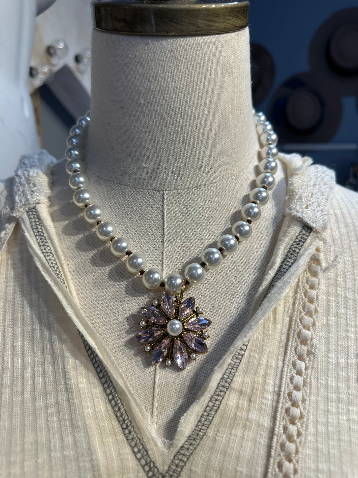 Inspired Pearl & Pink Crystal Flower Necklace