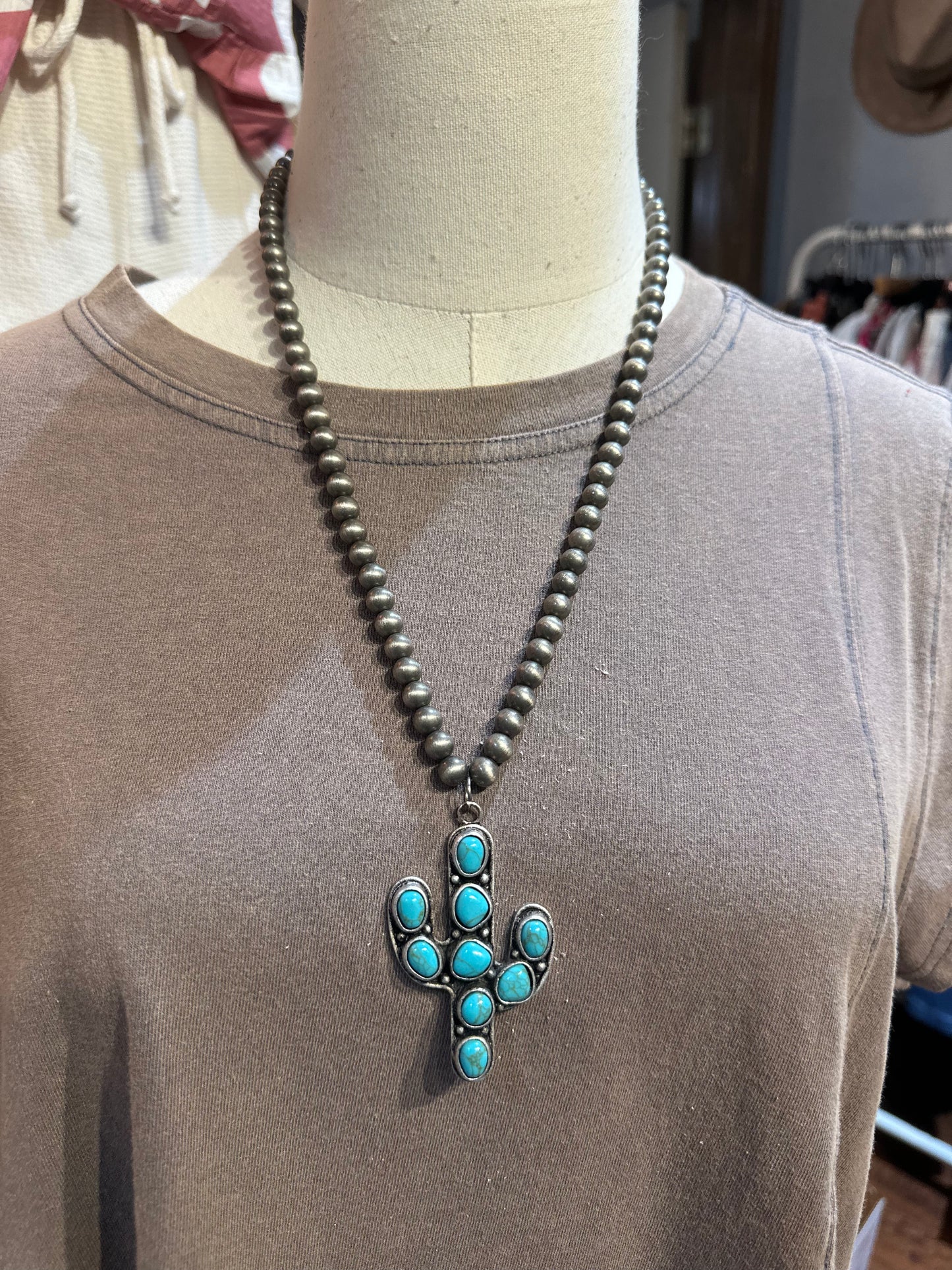 Inspired Silver & Turquoise Cactus Necklace
