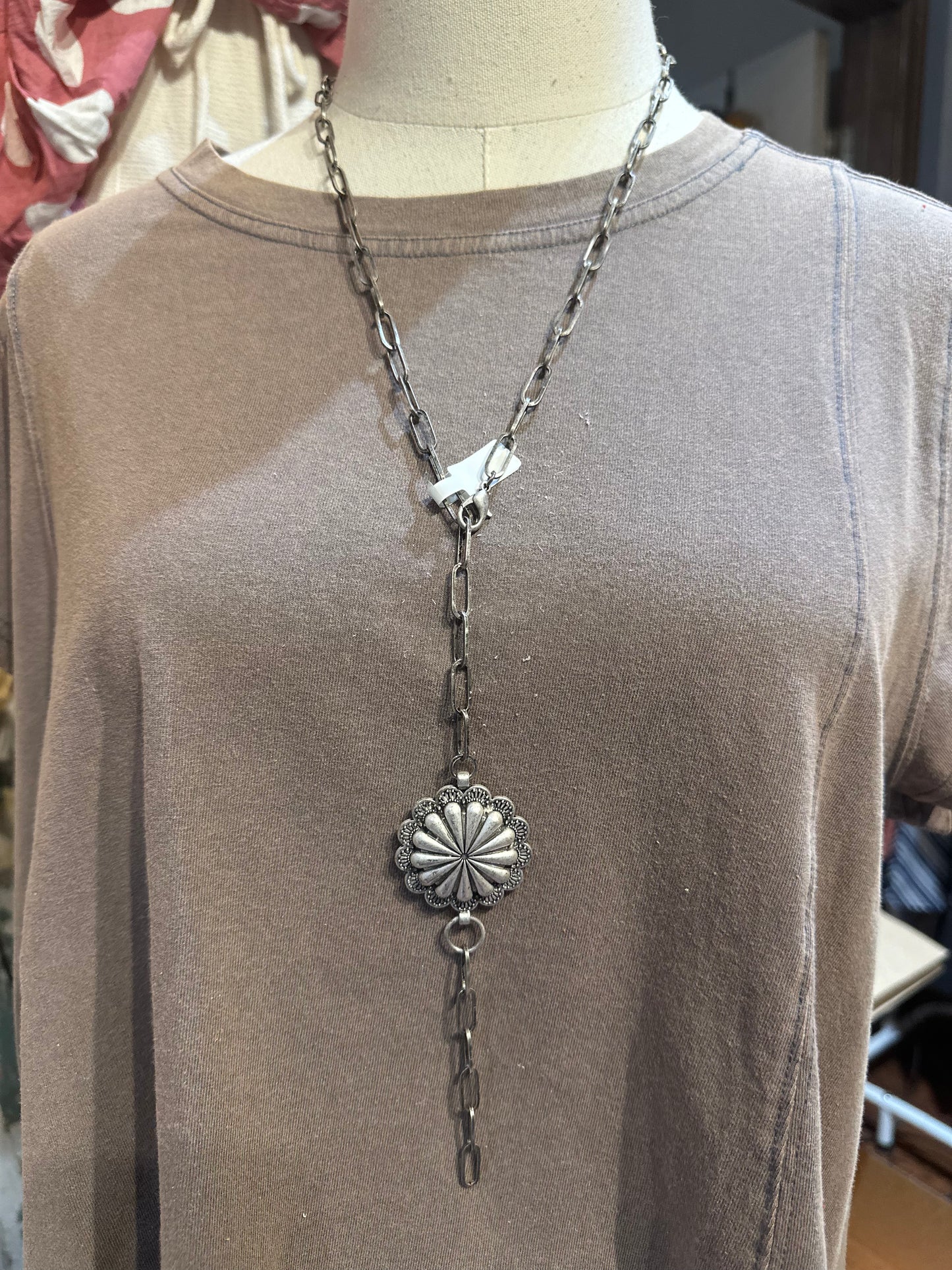Inspired Silver Concho Lariat Necklace