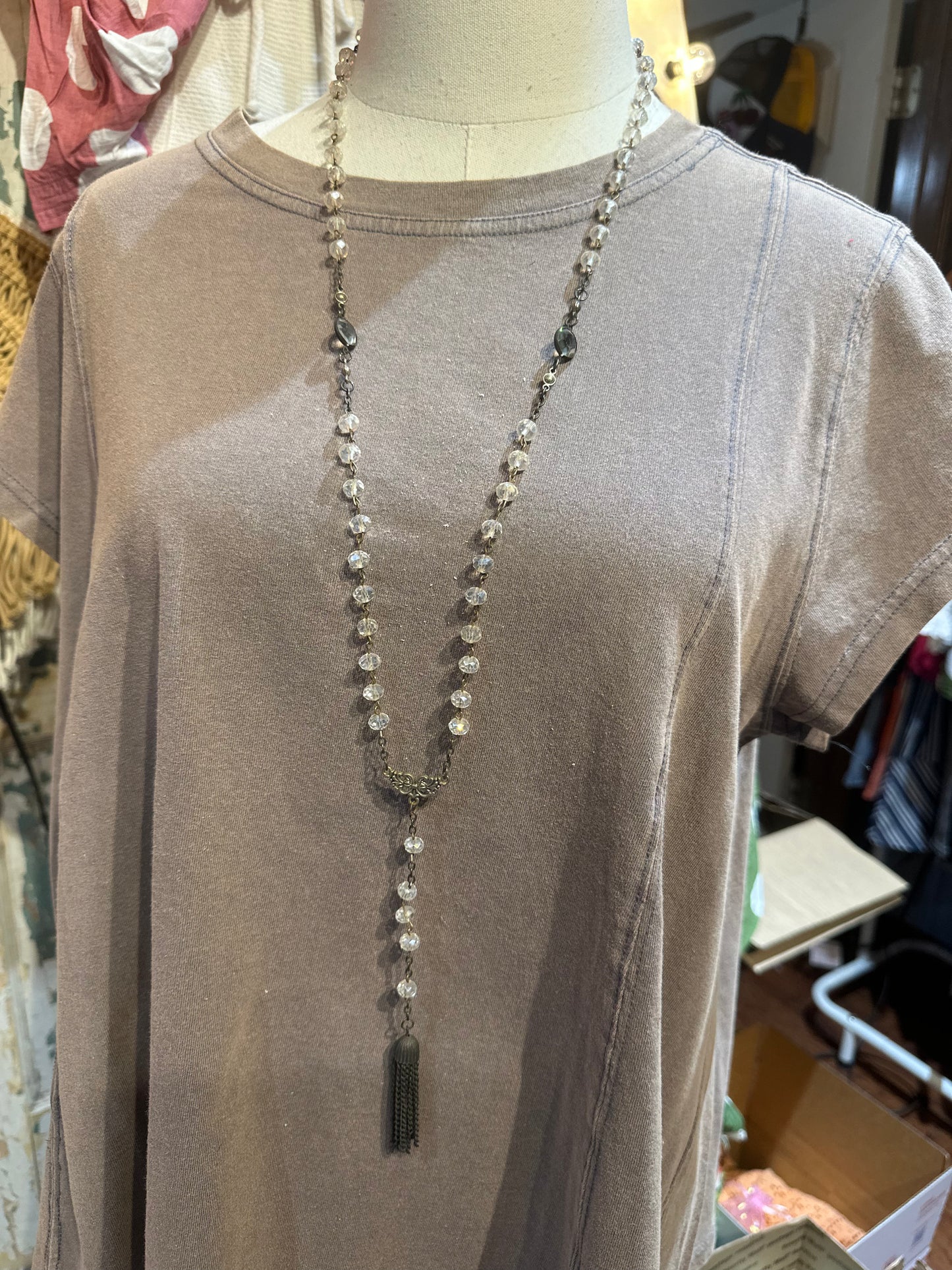 Clear Italian Glass Bead Rosary Necklace