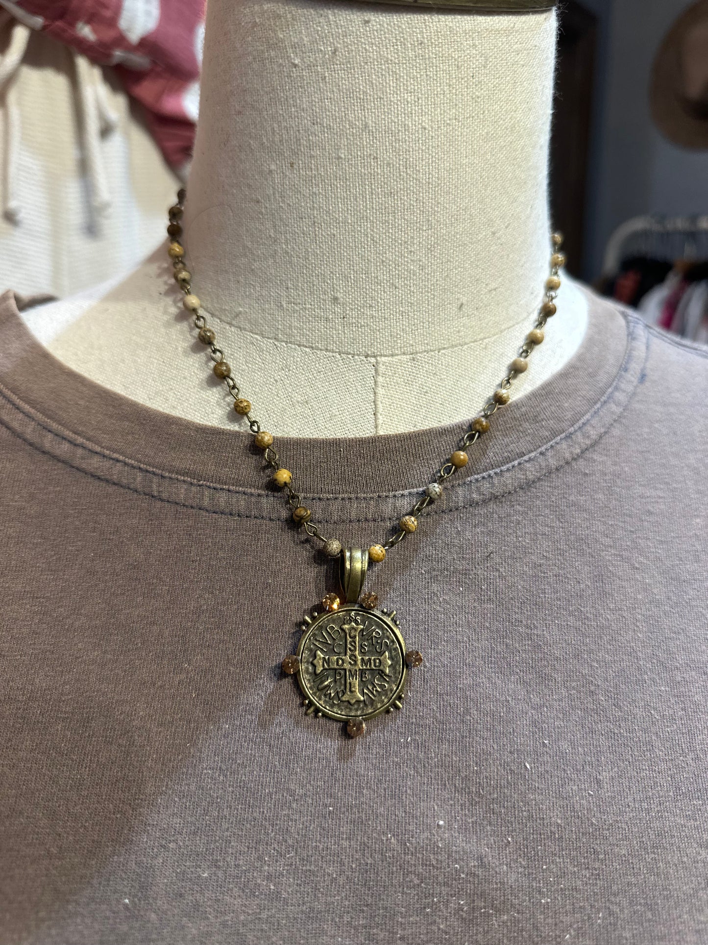 Wooden Bead Cross Coin Necklace