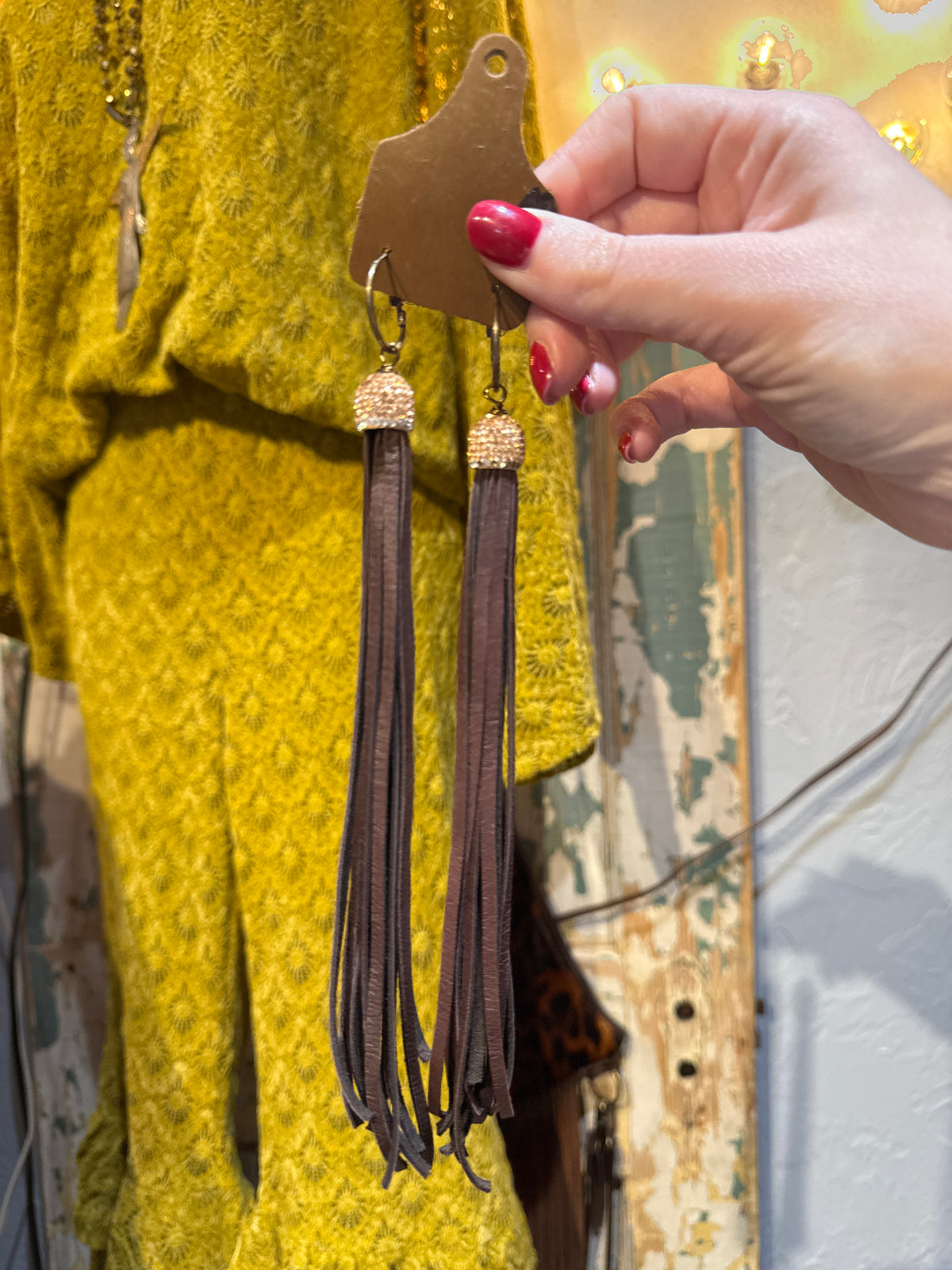 Gold Cap & Brown Leather Earrings