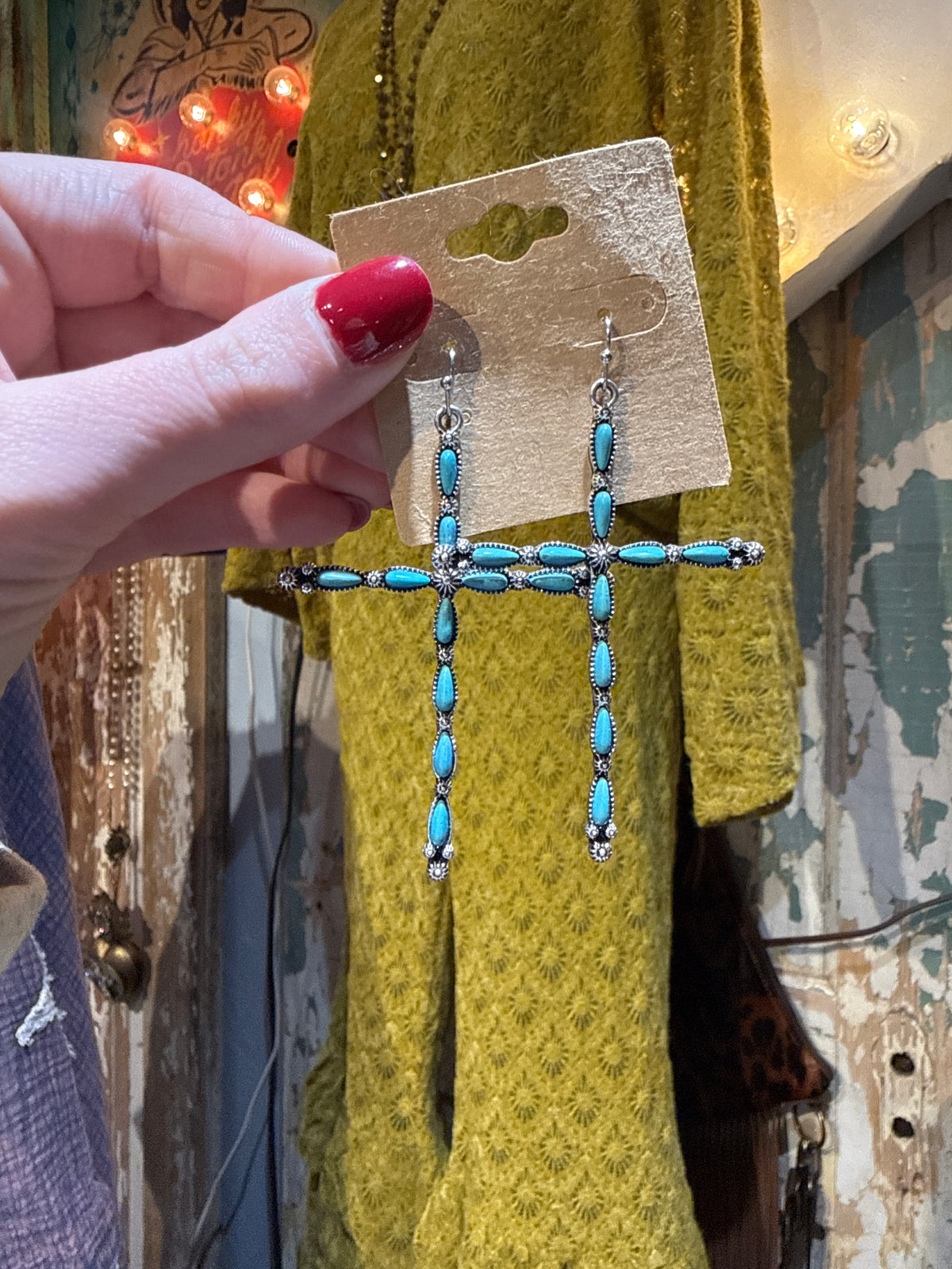 Inspired Turquoise Hook Back Cross Earrings