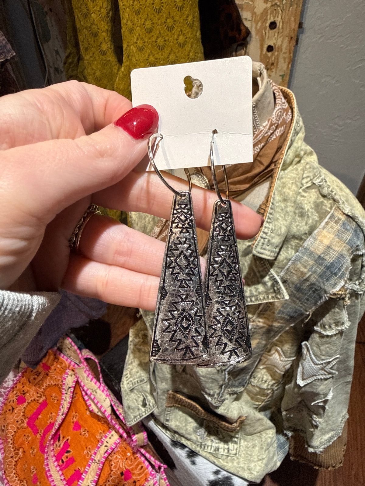 Inspired Silver Aztec Triangle Earrings