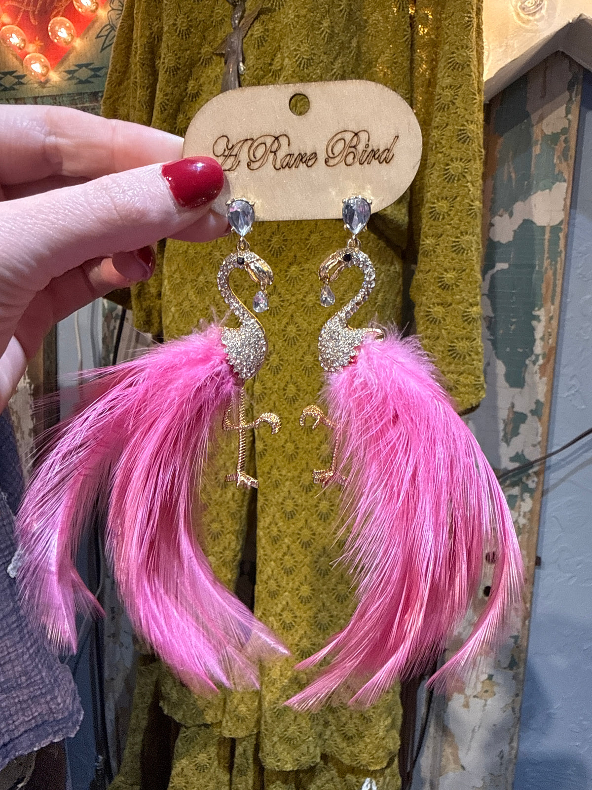 A Rare Bird Crystal & Pink Feather Flamingo Earrings