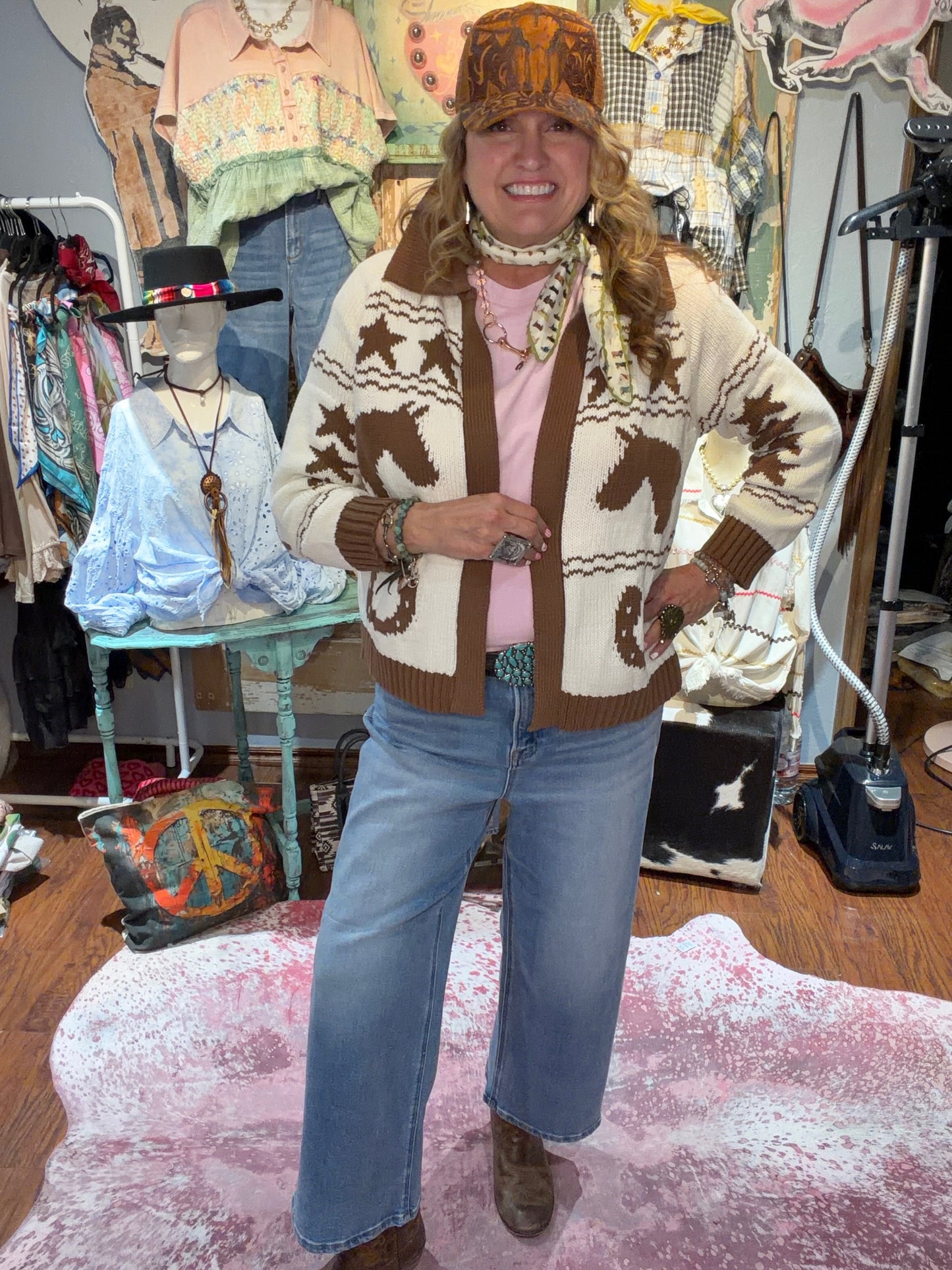 Western Loose Fit Open Cardigan Brown