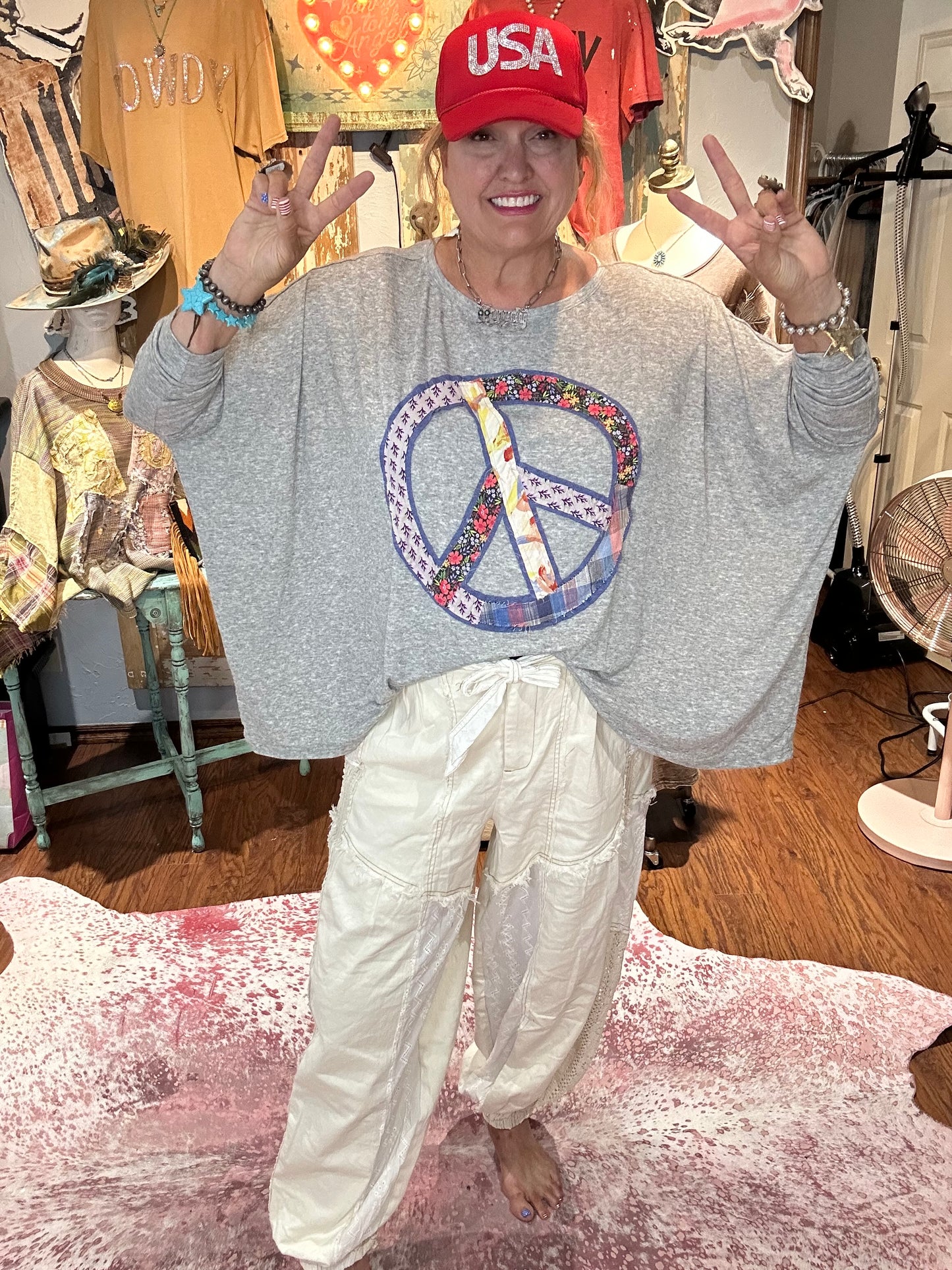 Easel Peace Patch Long Sleeve Top Heather Grey