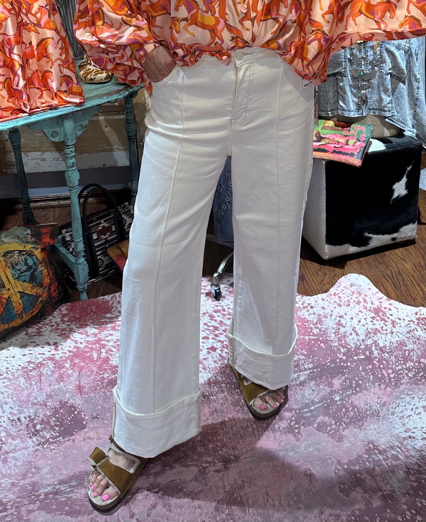 Risen High Rise Crop Cream Wide Cuffed Hem