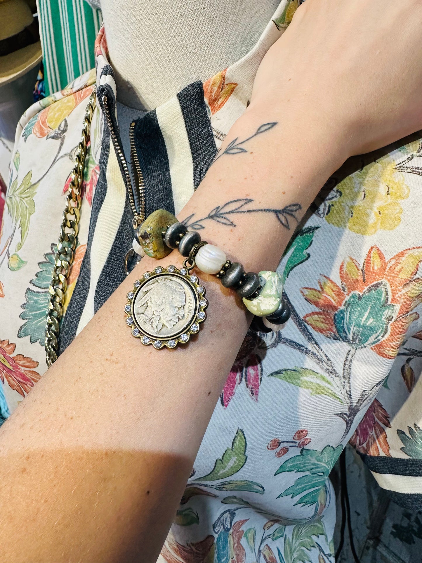 Sandra Ling Freshwater Pearl & Turquoise Chief Coin Bracelet
