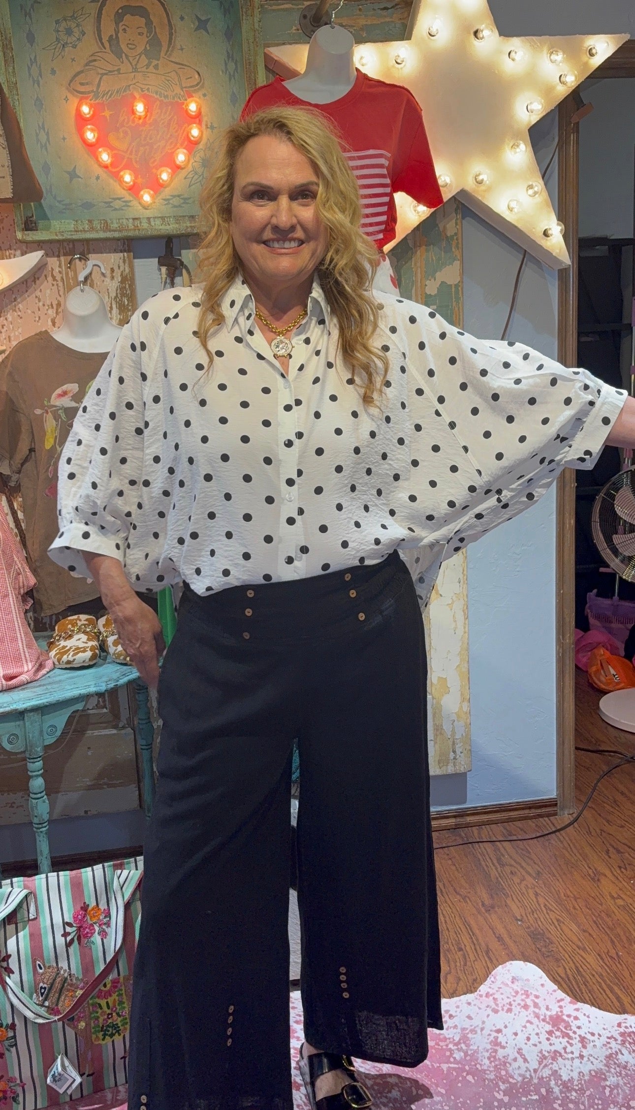 White Polka Dot Button Down Top