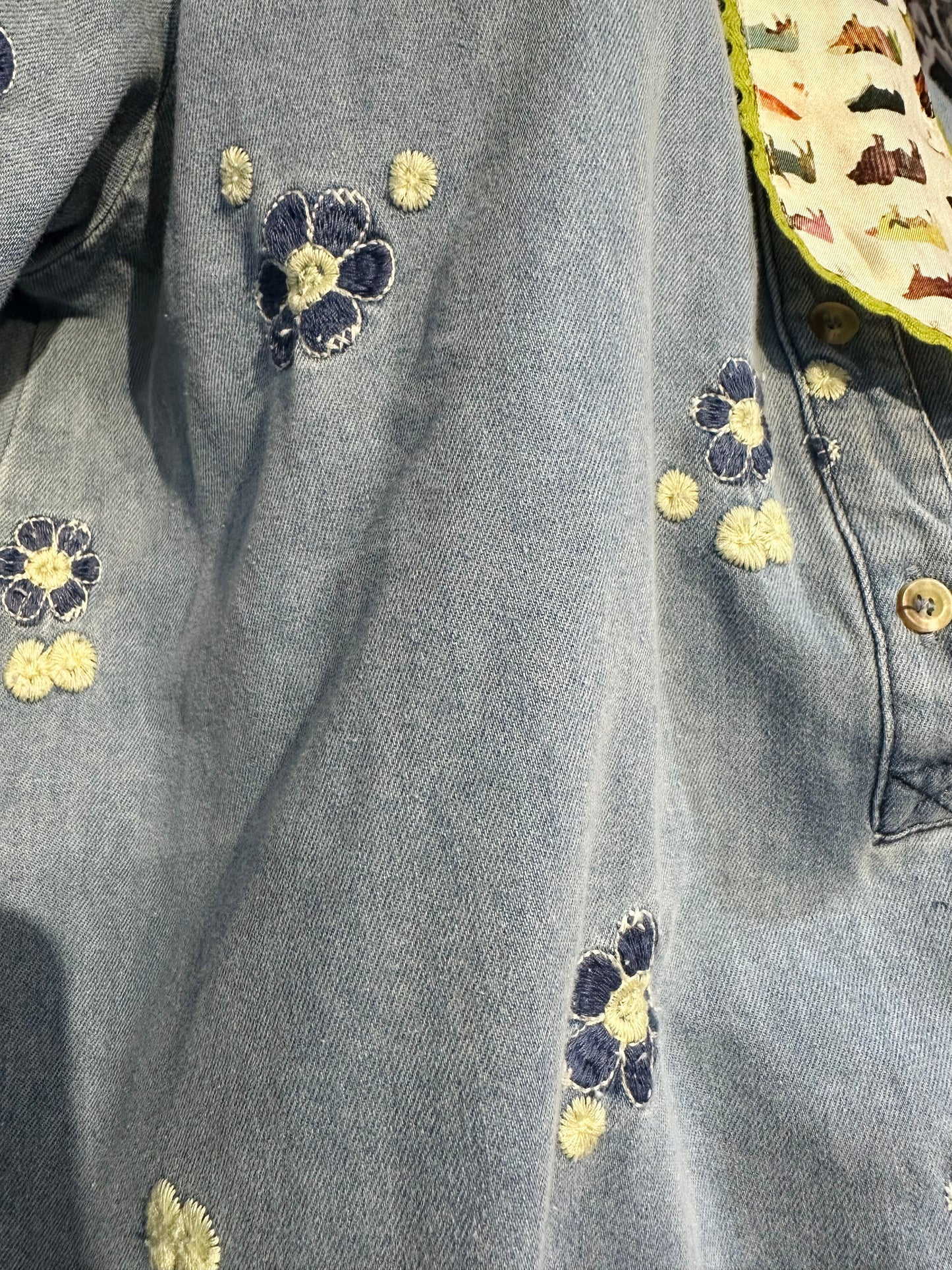 Easel Floral Embroidered Denim Top