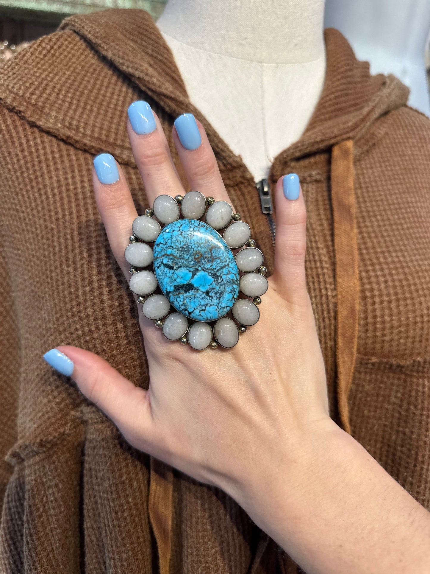German Silver Turquoise & Moonstone Ring