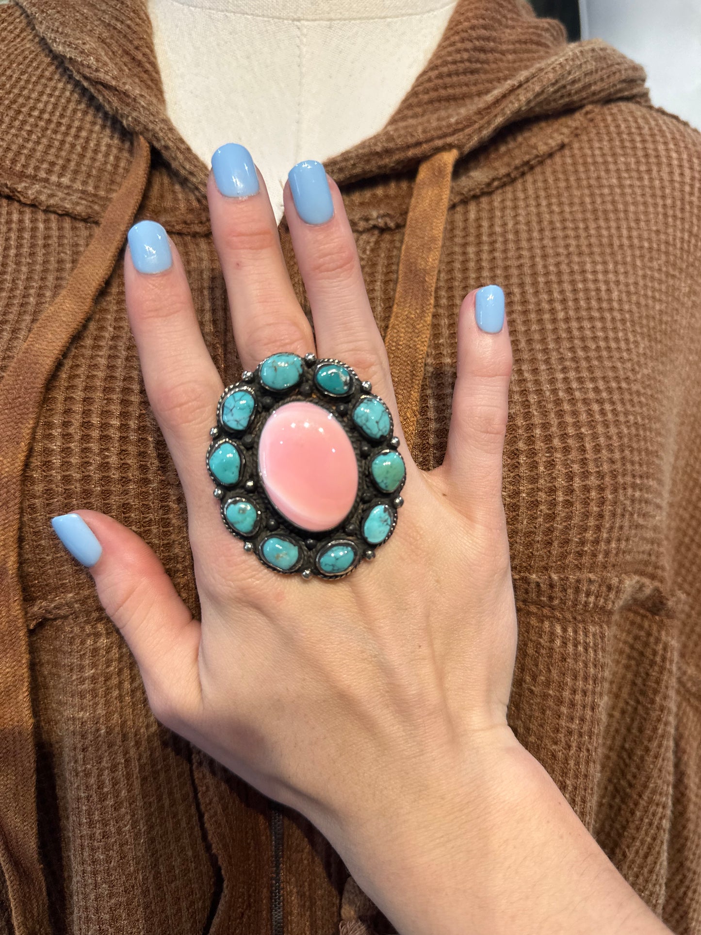 Tibetan Turquoise & Pink Conch Ring