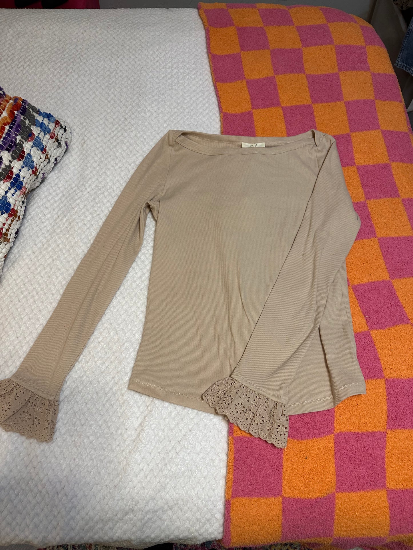 Easel Tan Lace Sleeve Top