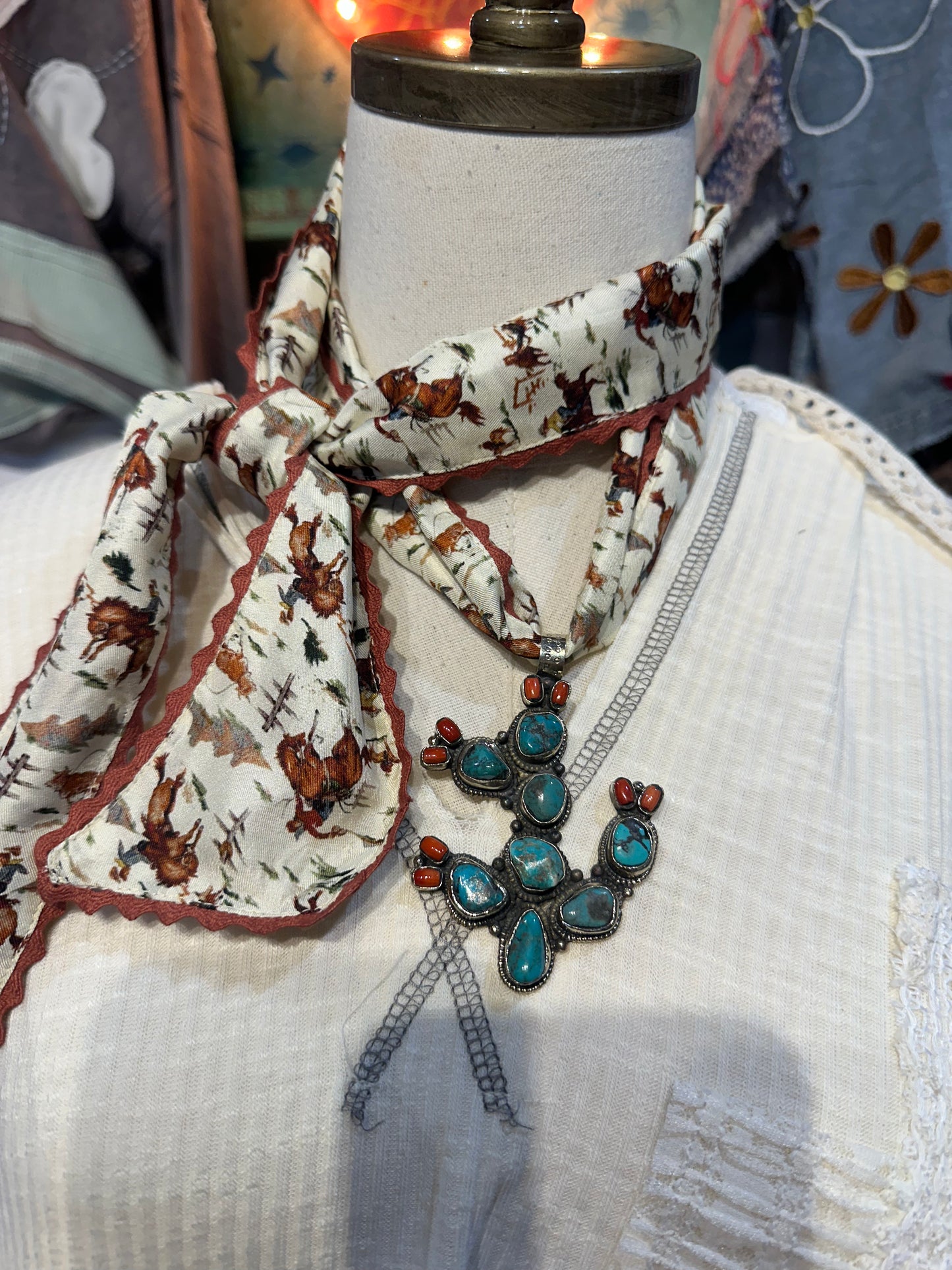 Tibetan Turquoise and Coral Cactus Pendant